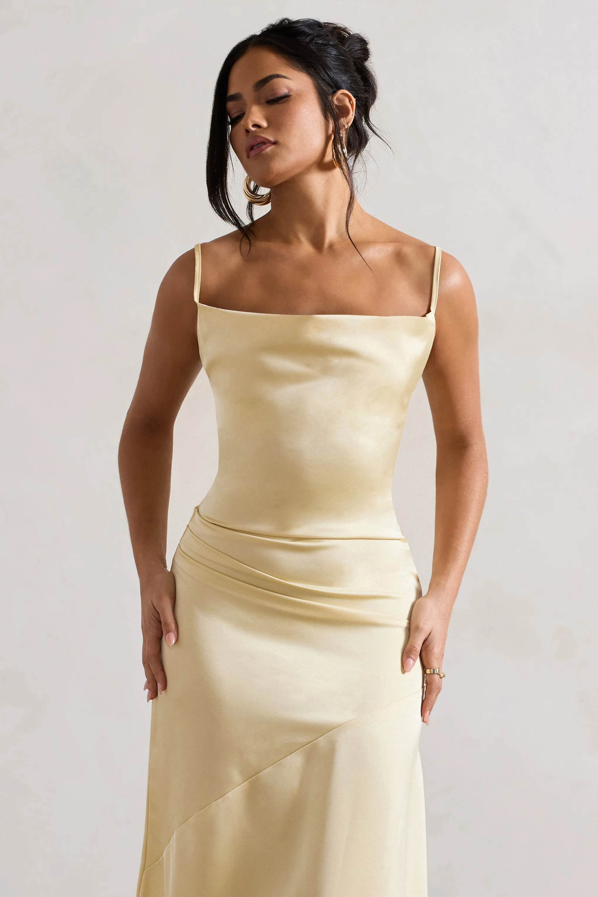 Santi | Lemon Satin Cowl-Neck Asymmetric Maxi Dress Club L London