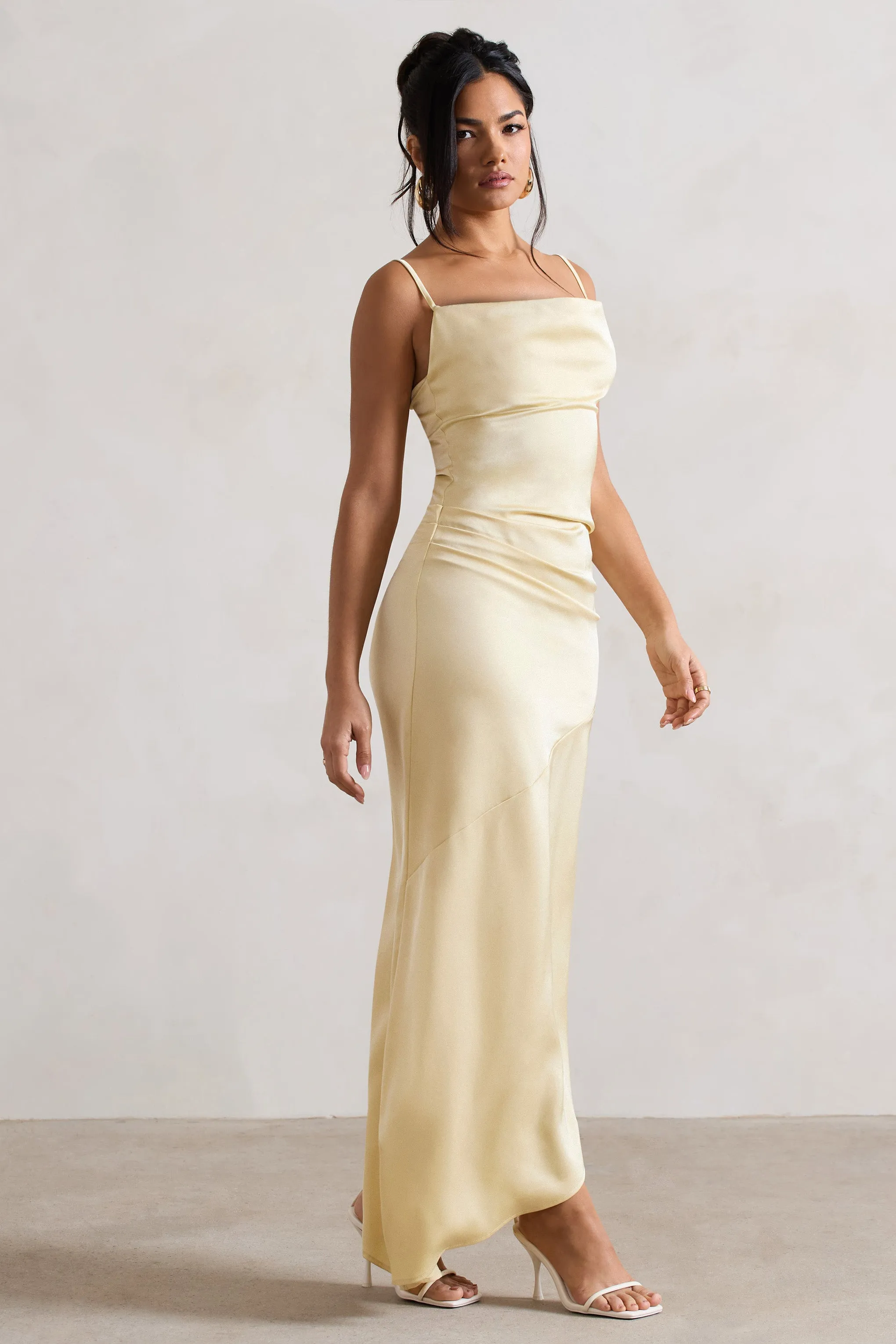Santi | Lemon Satin Cowl-Neck Asymmetric Maxi Dress Club L London