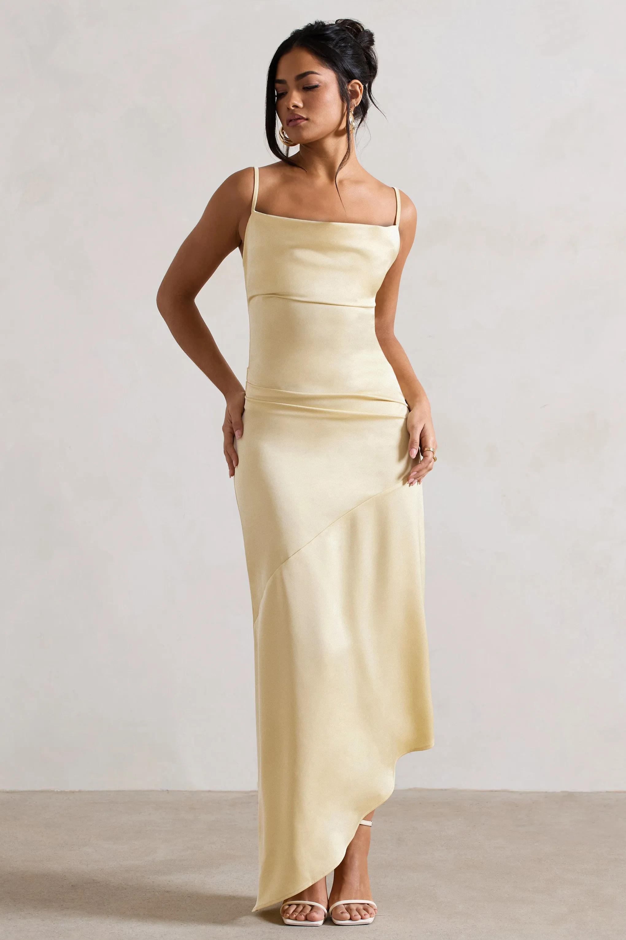 Santi | Lemon Satin Cowl-Neck Asymmetric Maxi Dress Club L London