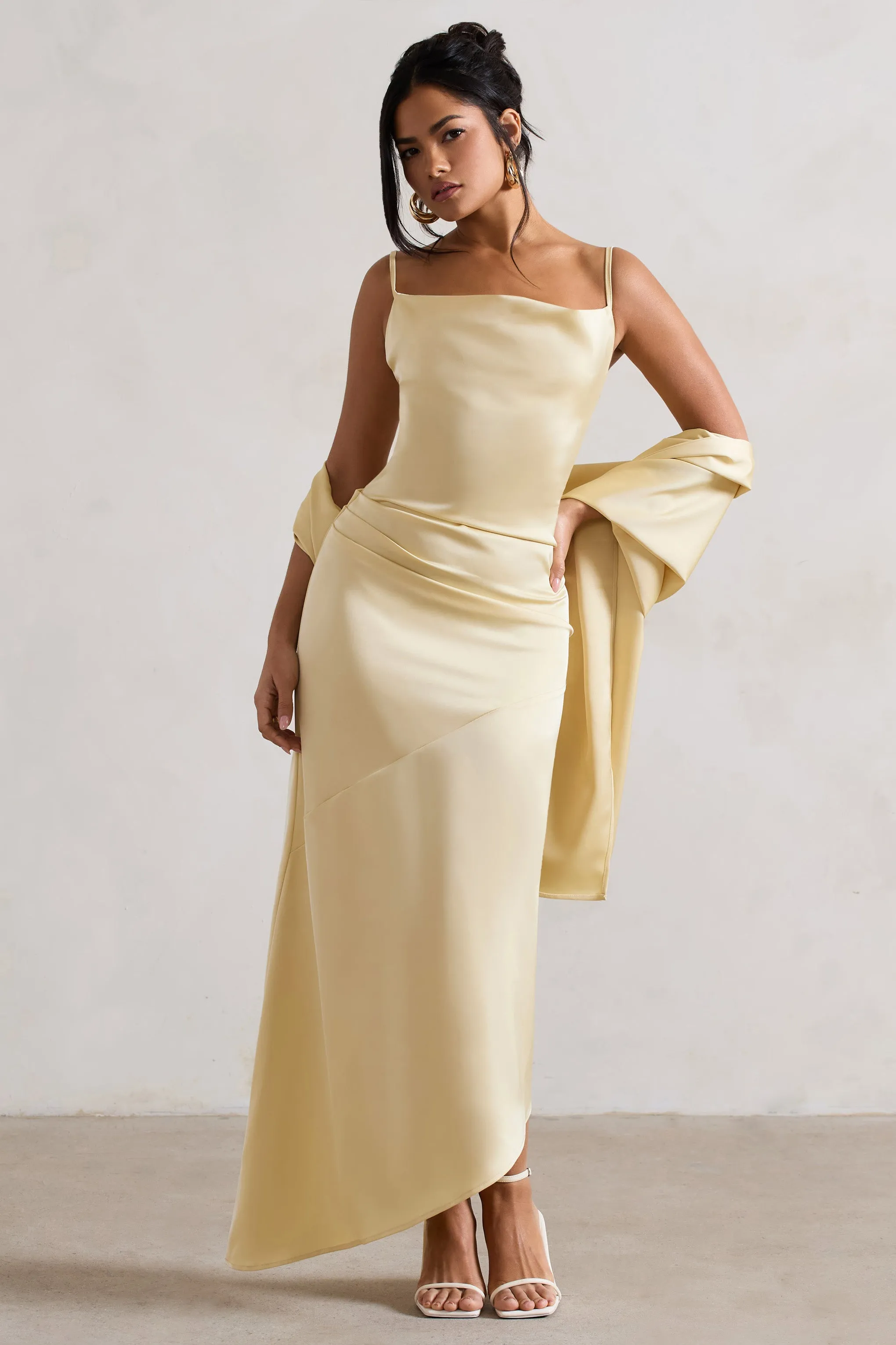Santi | Lemon Satin Cowl-Neck Asymmetric Maxi Dress Club L London