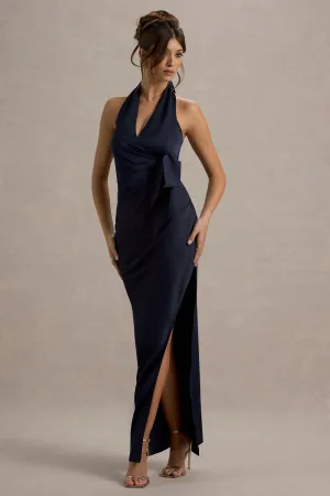 Santorini | Navy Satin Plunge-Neck Wrap Maxi Dress Club L London