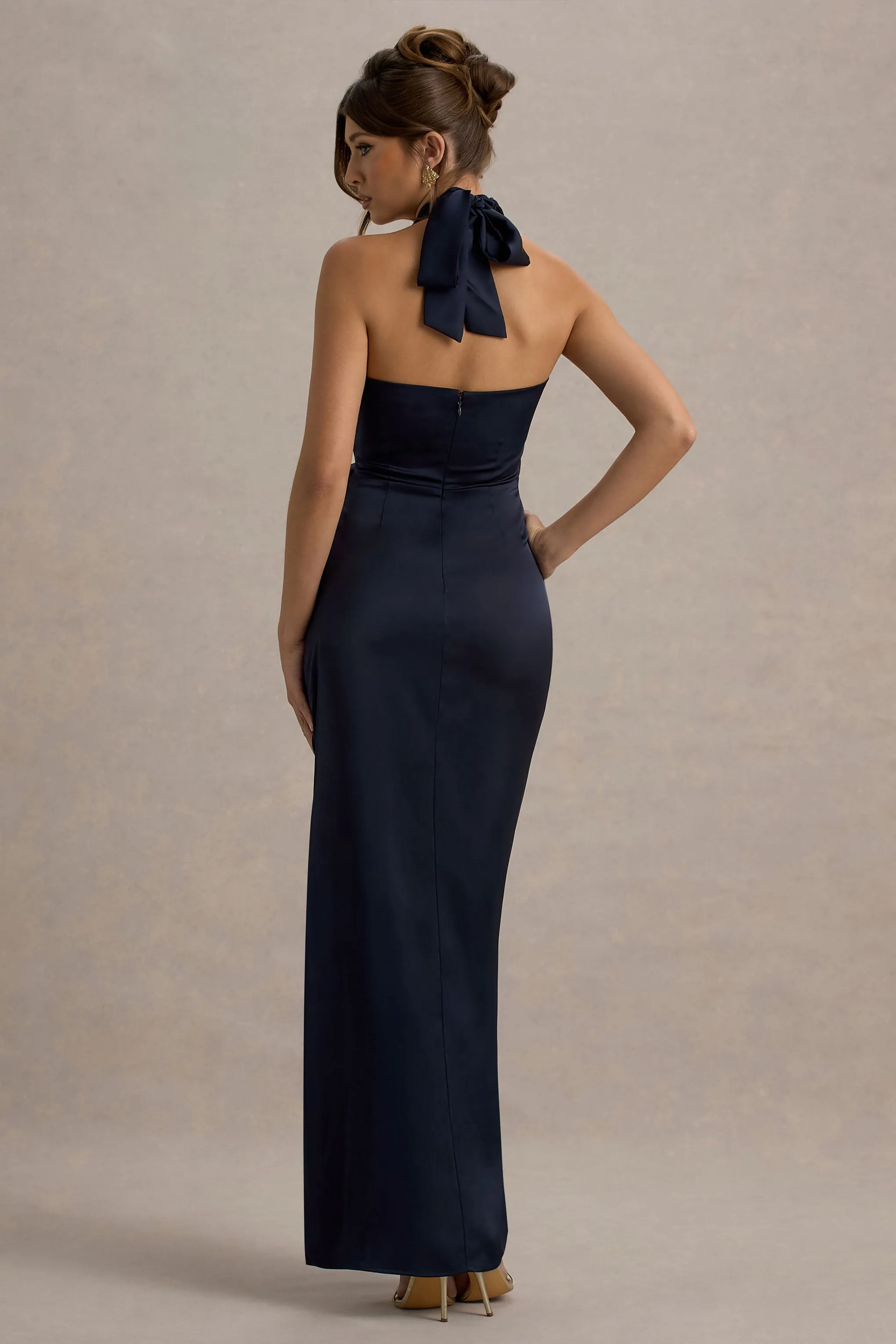 Santorini | Navy Satin Plunge-Neck Wrap Maxi Dress Club L London