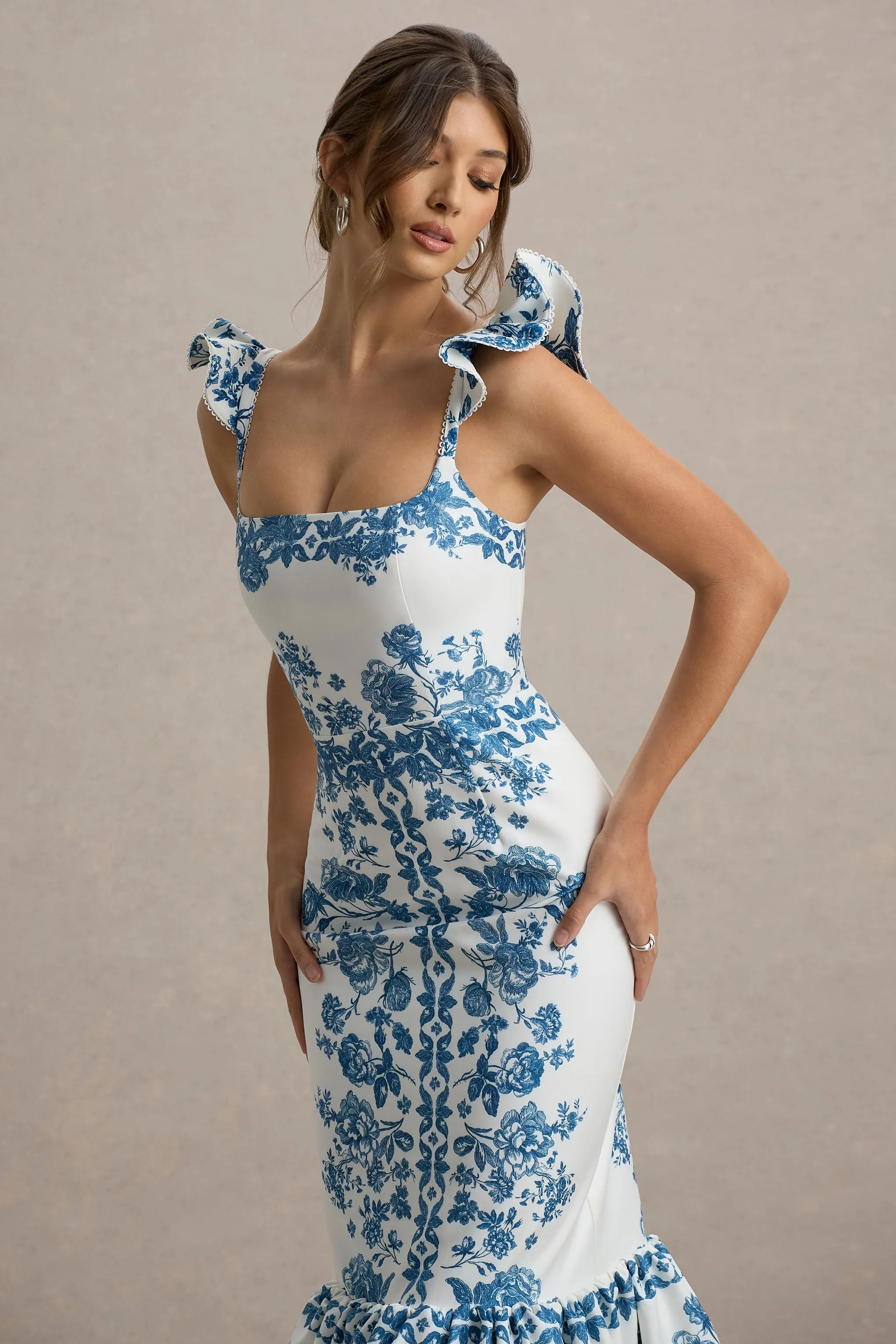 Sarey | Blue Porcelain Print Ruffle Midi Dress Club L London