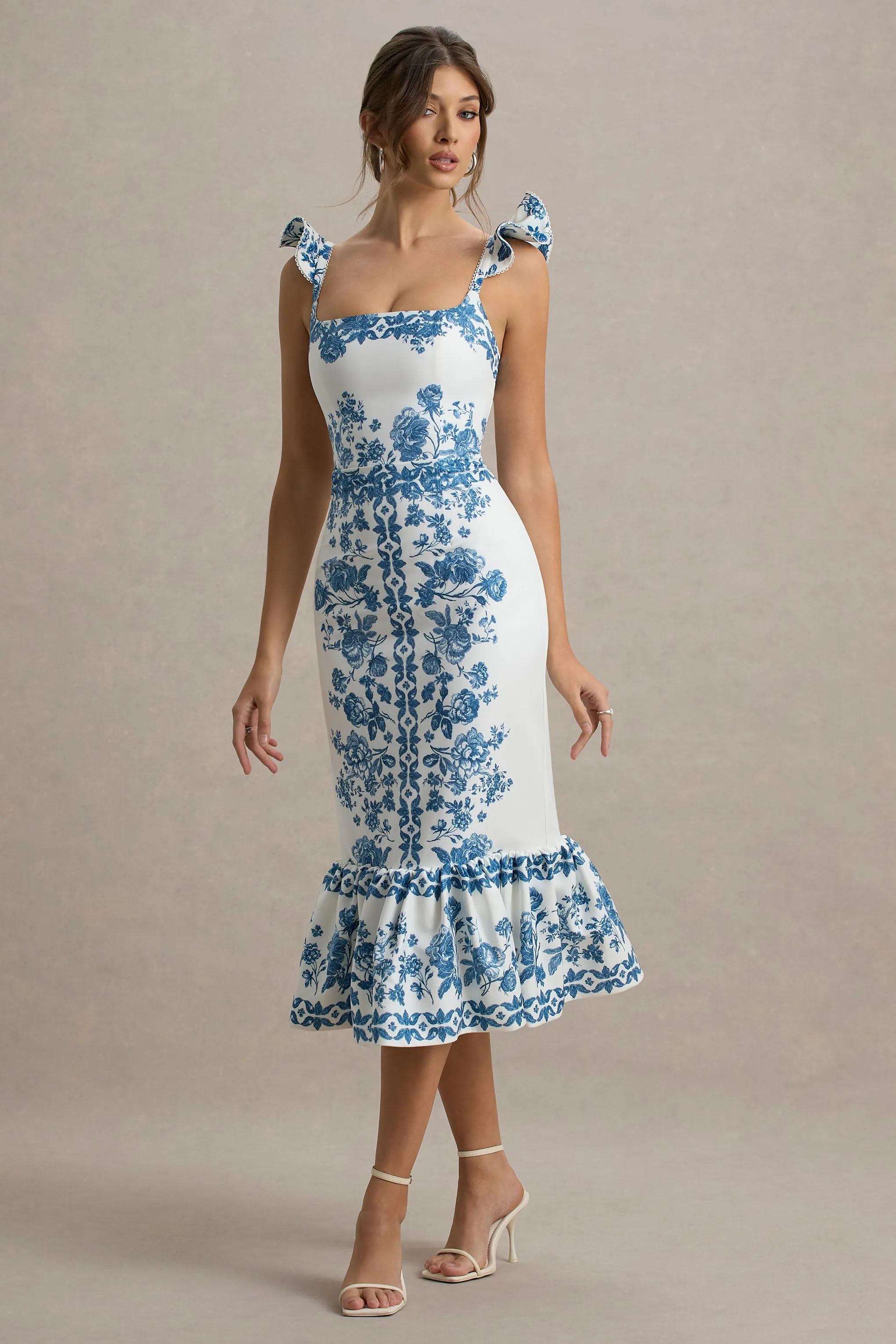 Sarey | Blue Porcelain Print Ruffle Midi Dress Club L London
