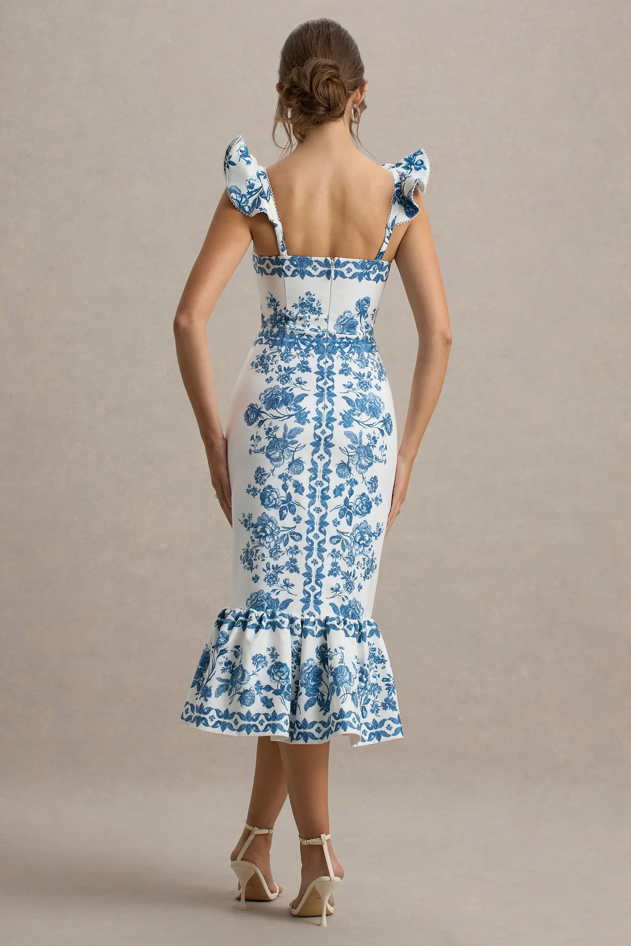 Sarey | Blue Porcelain Print Ruffle Midi Dress Club L London