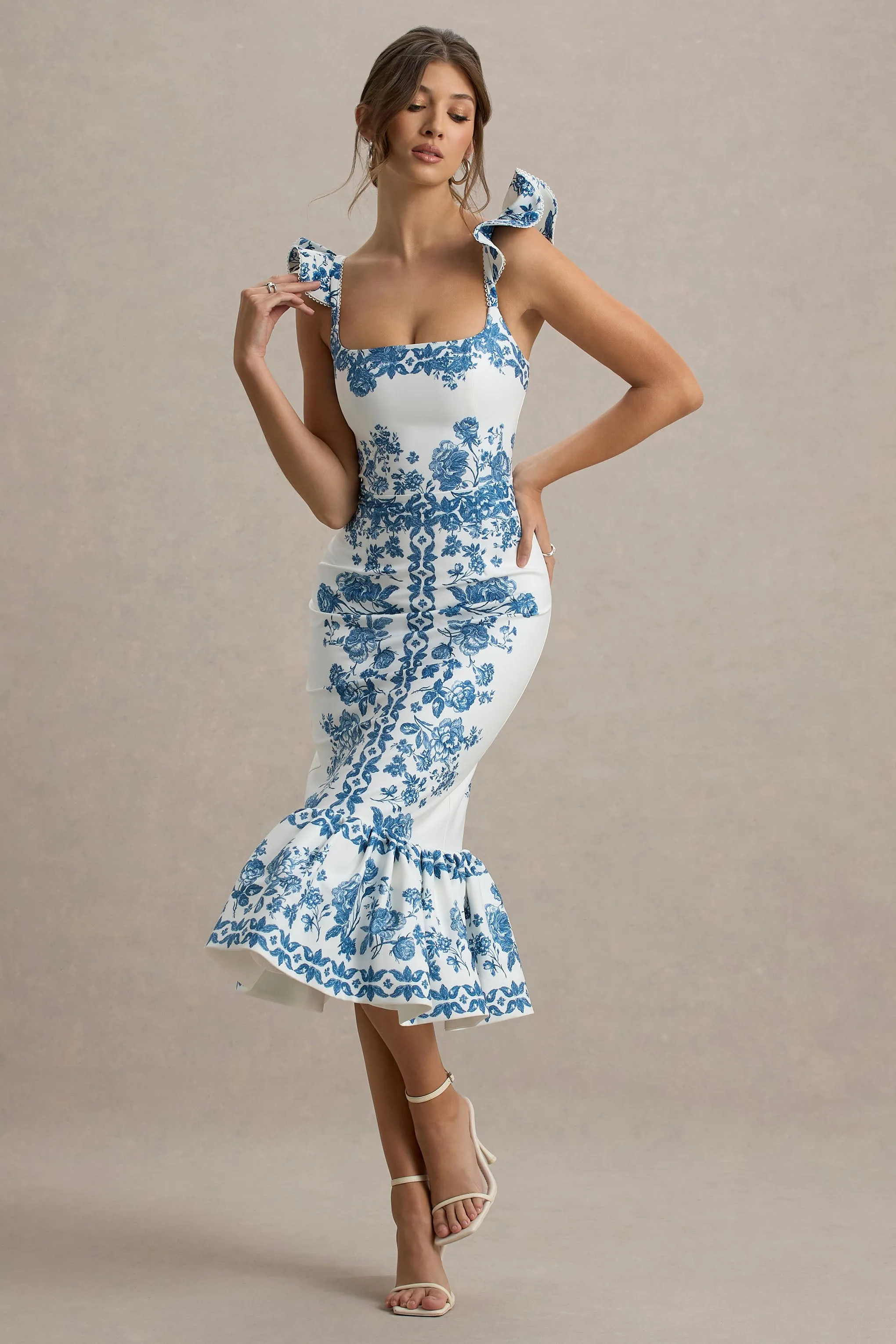 Sarey | Blue Porcelain Print Ruffle Midi Dress Club L London