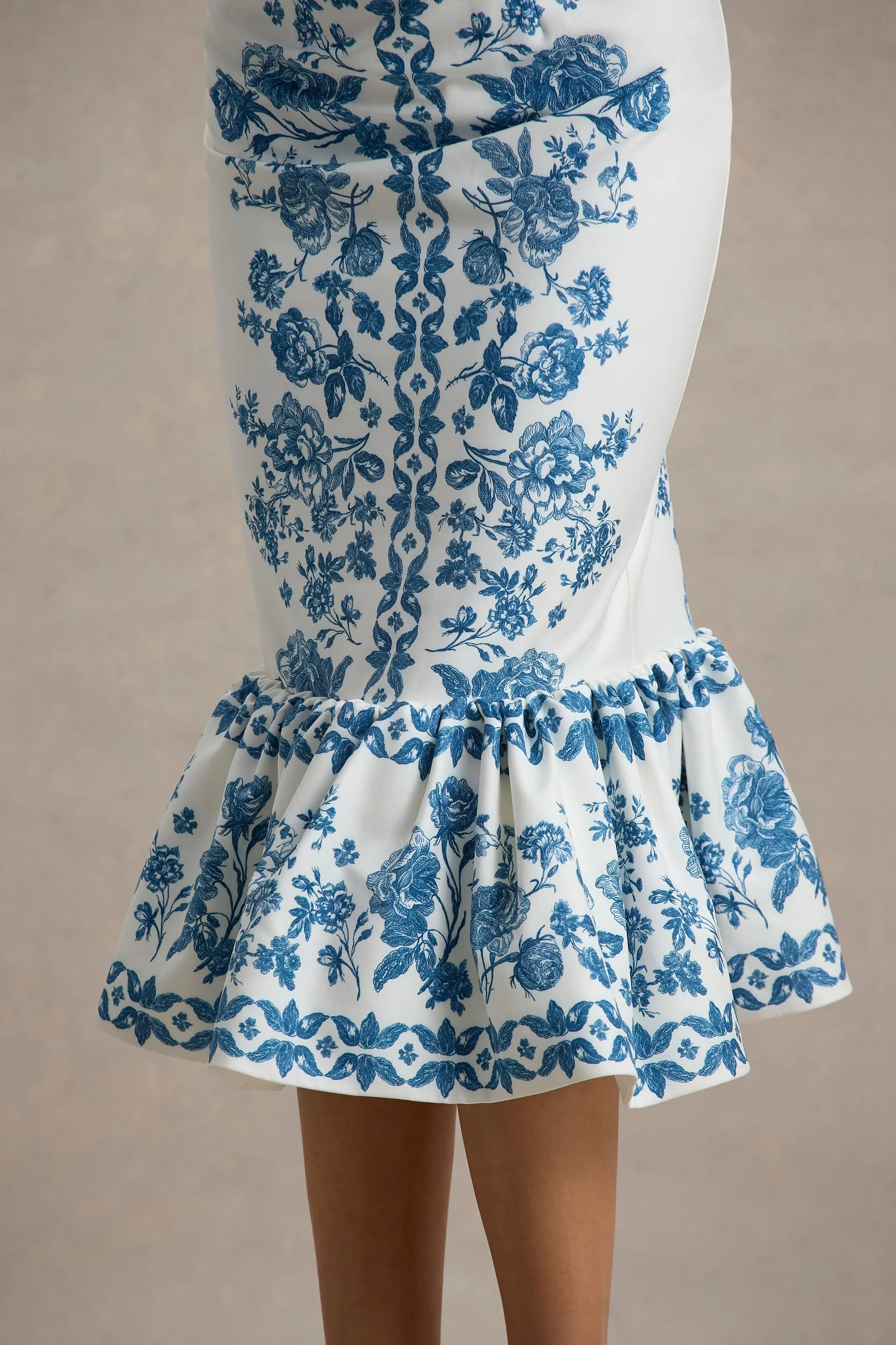 Sarey | Blue Porcelain Print Ruffle Midi Dress Club L London