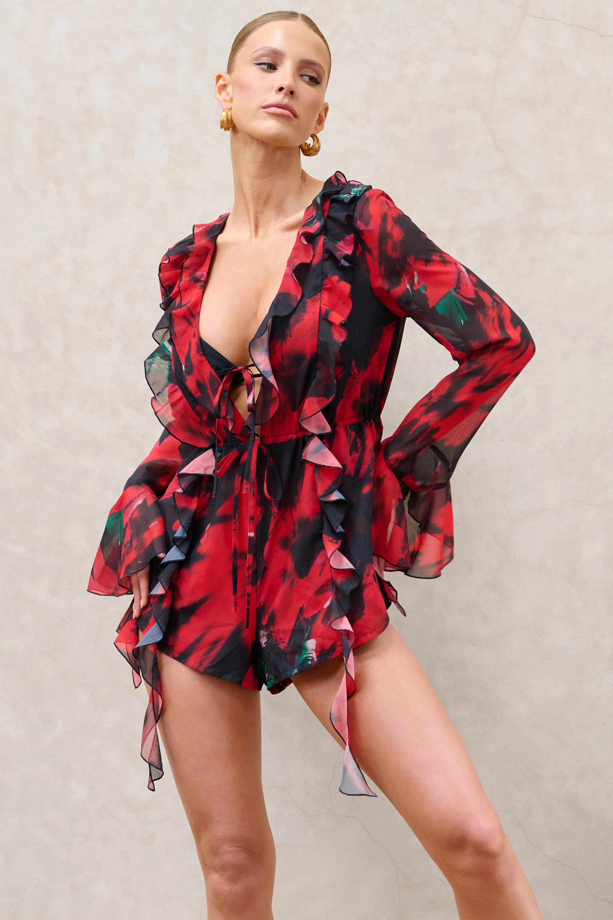 Sauvage | Red & Black Floral Print Chiffon Ruffle Long Sleeve Playsuit Club L London