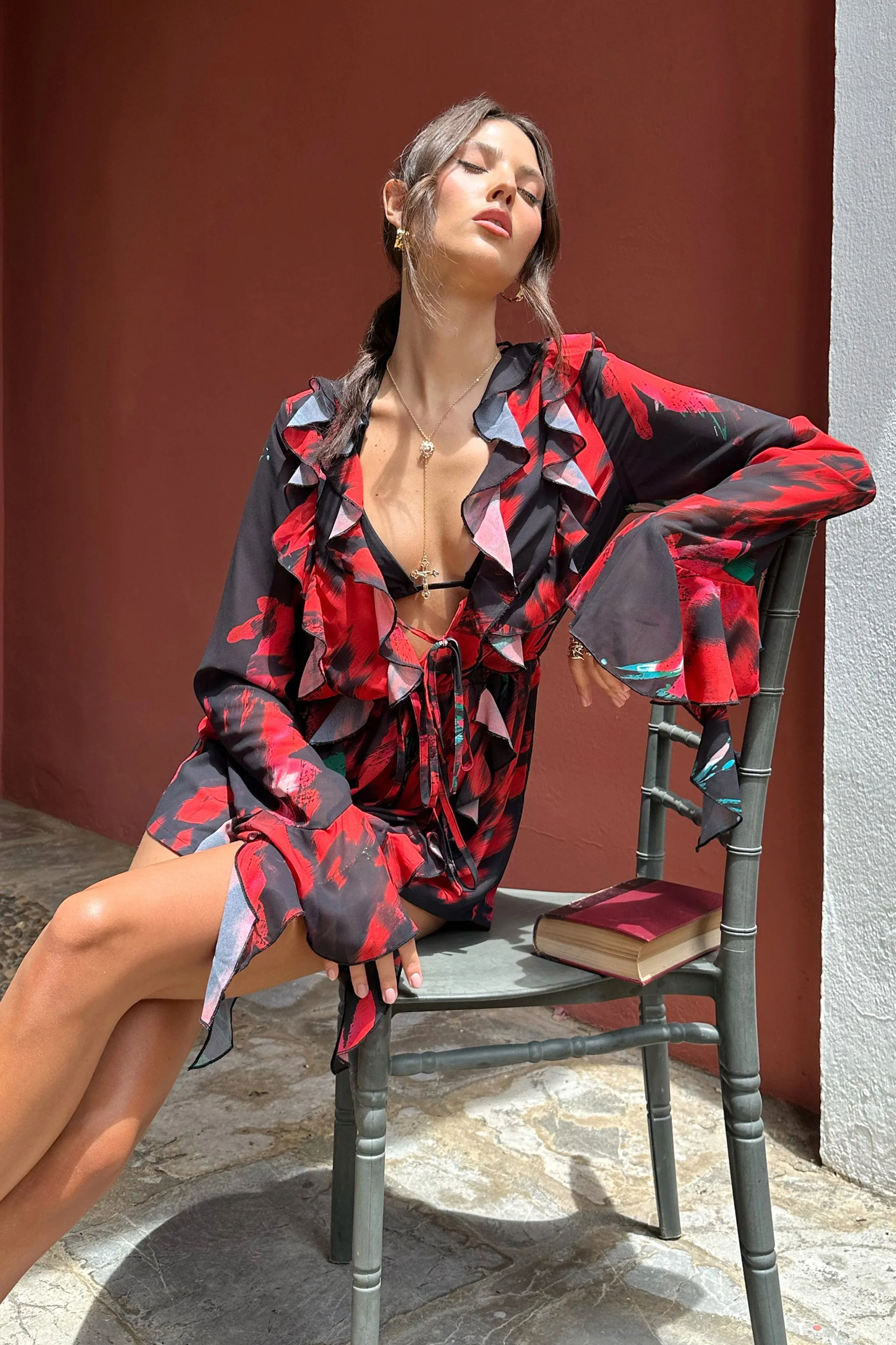 Sauvage | Red & Black Floral Print Chiffon Ruffle Long Sleeve Playsuit Club L London