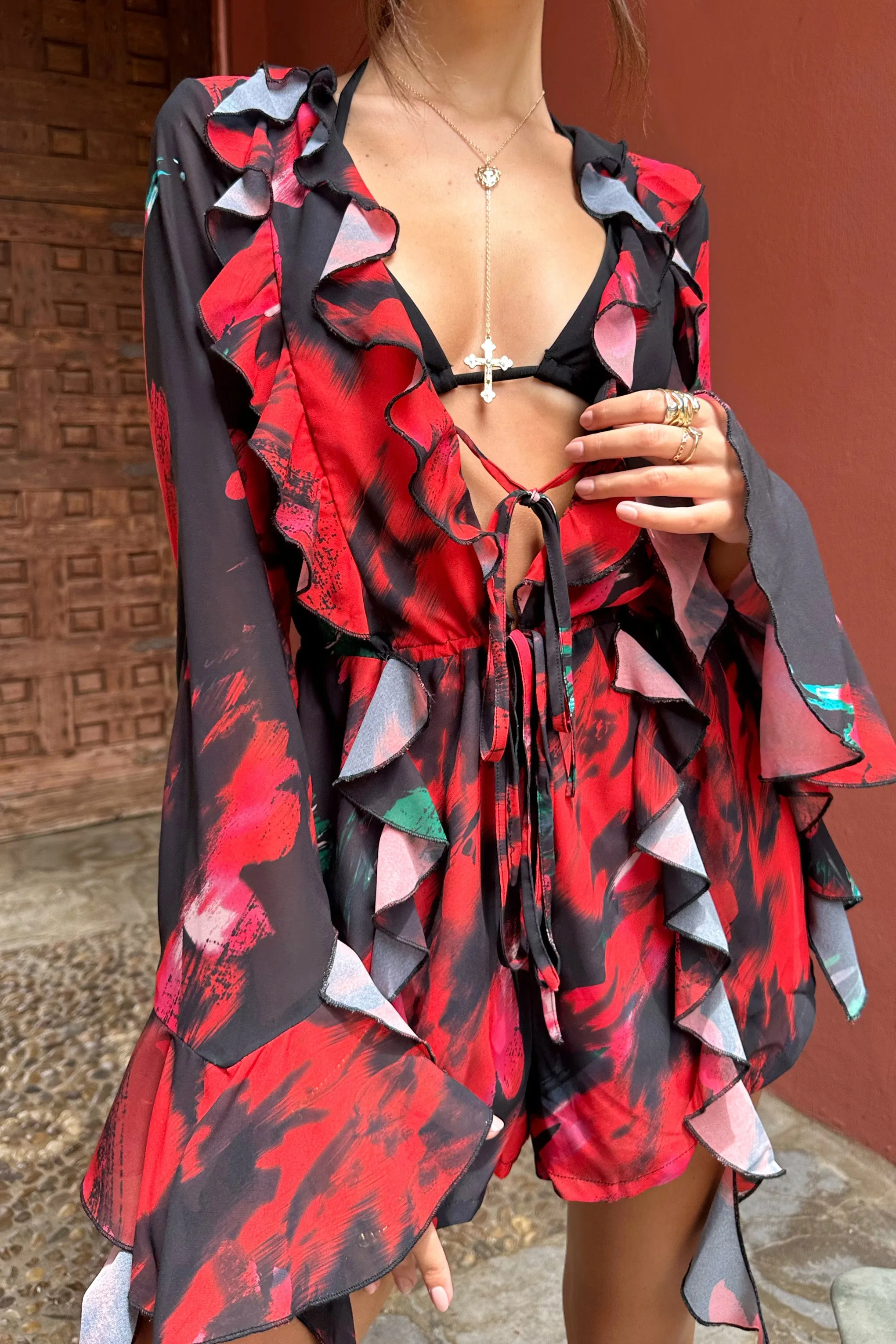 Sauvage | Red & Black Floral Print Chiffon Ruffle Long Sleeve Playsuit Club L London