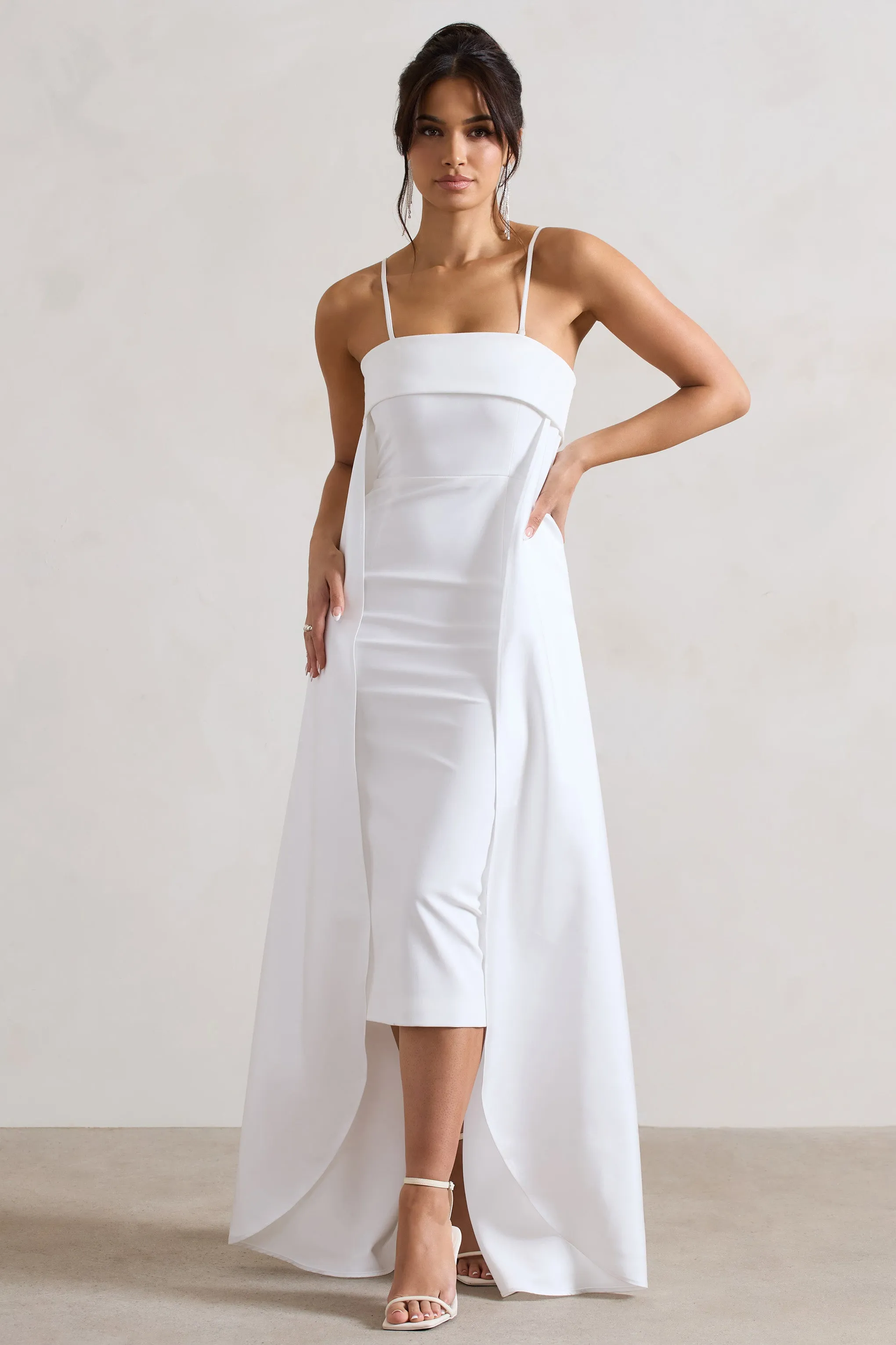 Save The Date | Cream Bandeau Midi Dress With Train Club L London