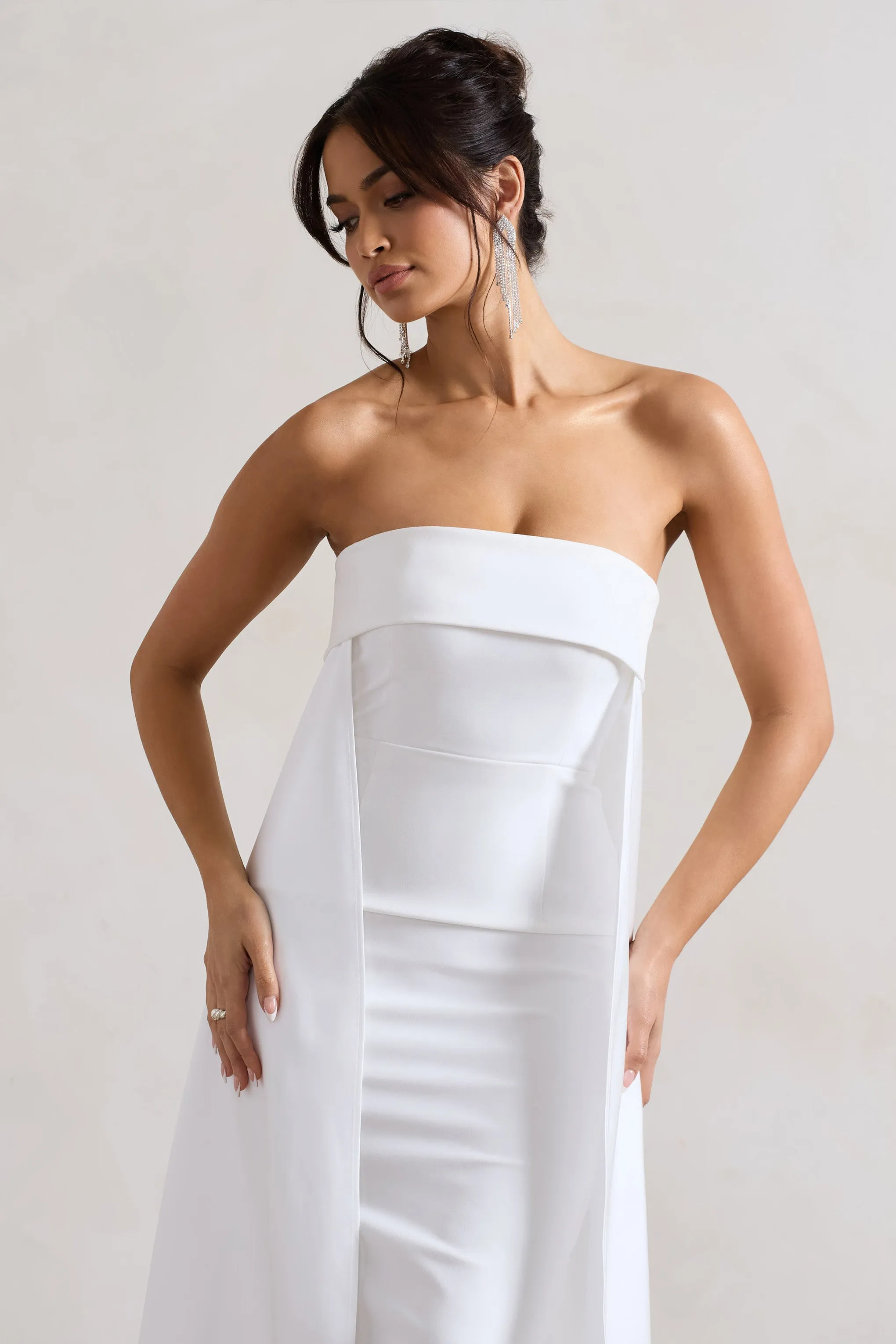 Save The Date | Cream Bandeau Midi Dress With Train Club L London