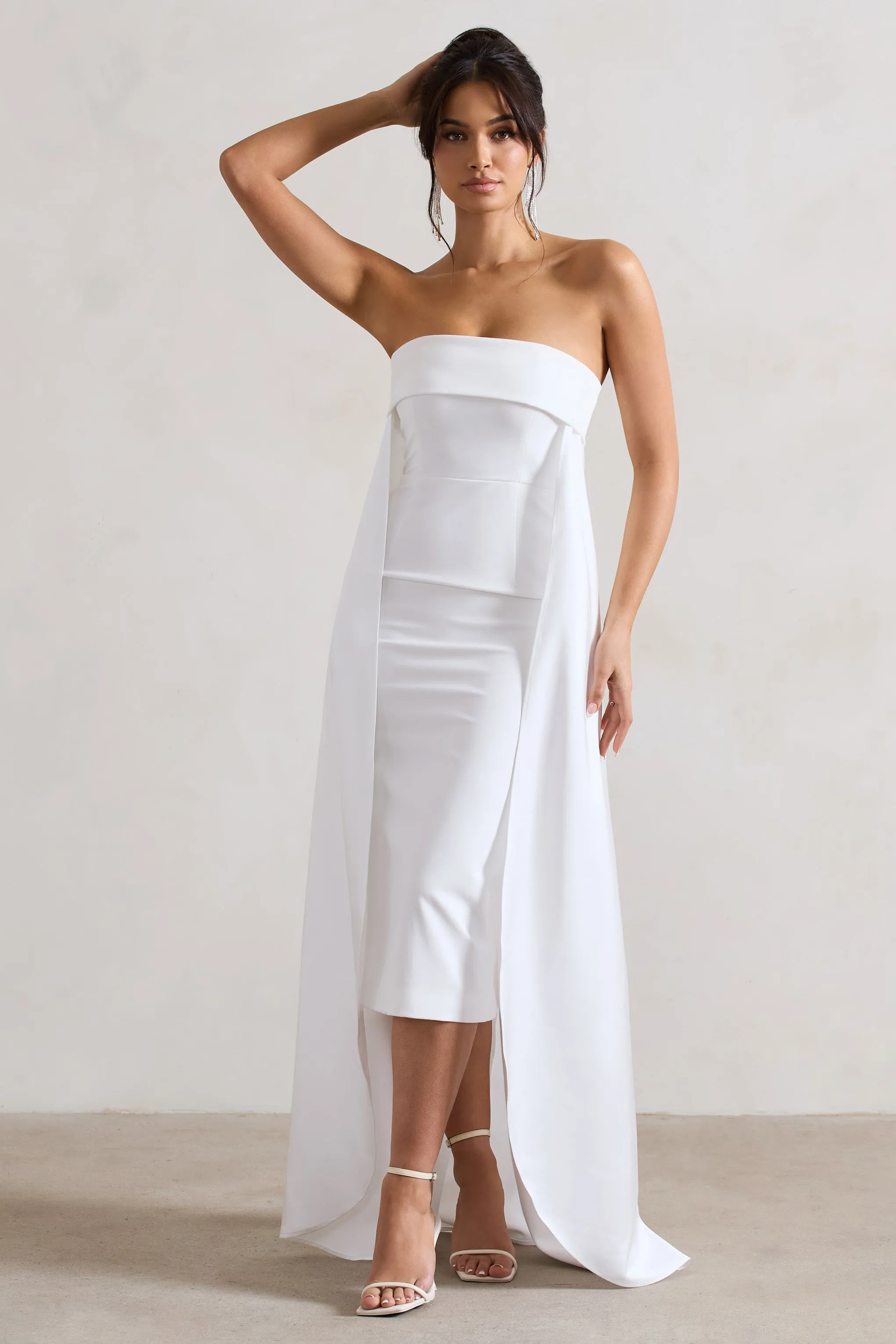 Save The Date | Cream Bandeau Midi Dress With Train Club L London