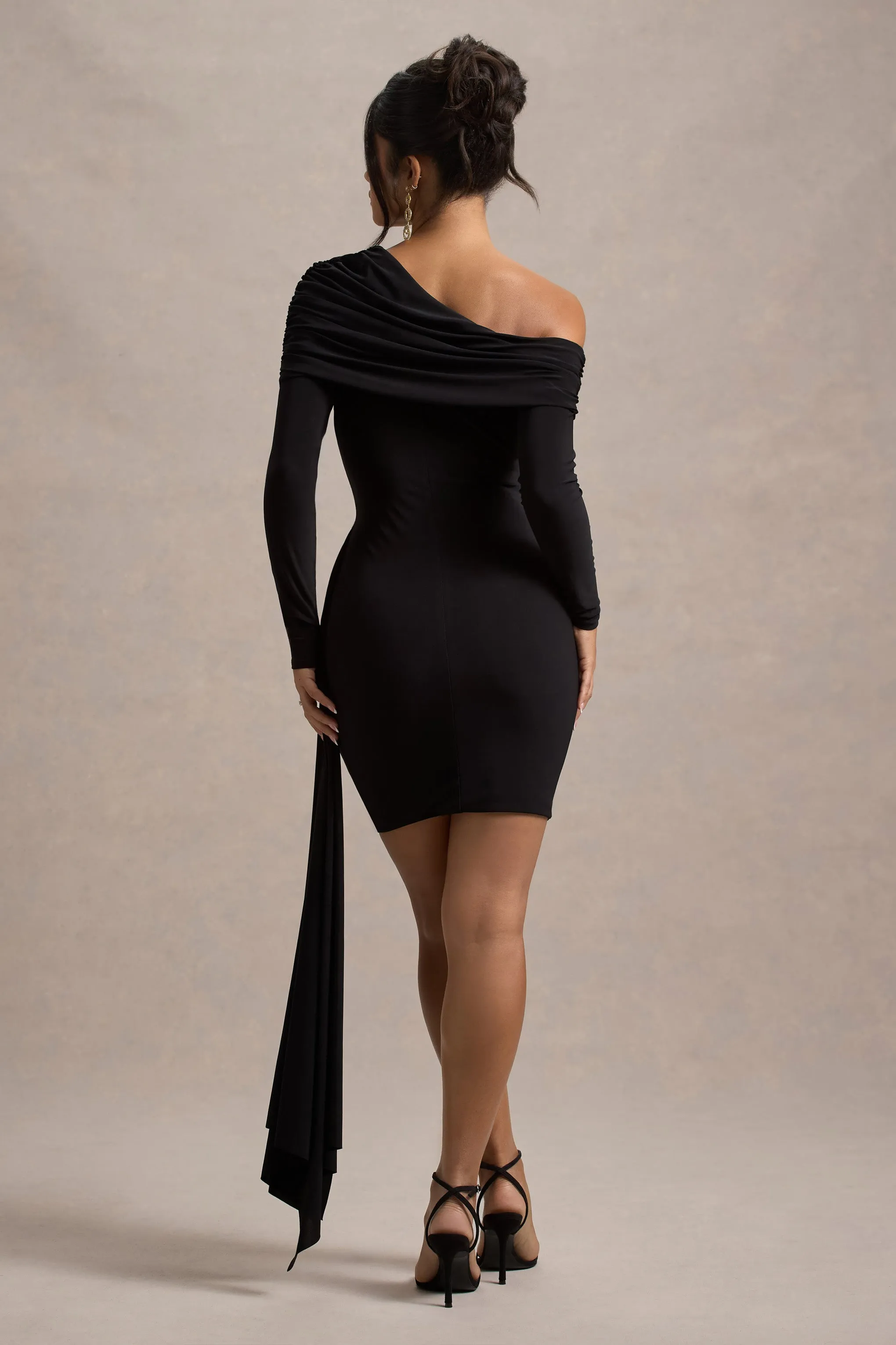 Savita | Black Ruched Asymmetric Mini Dress With Drape Club L London