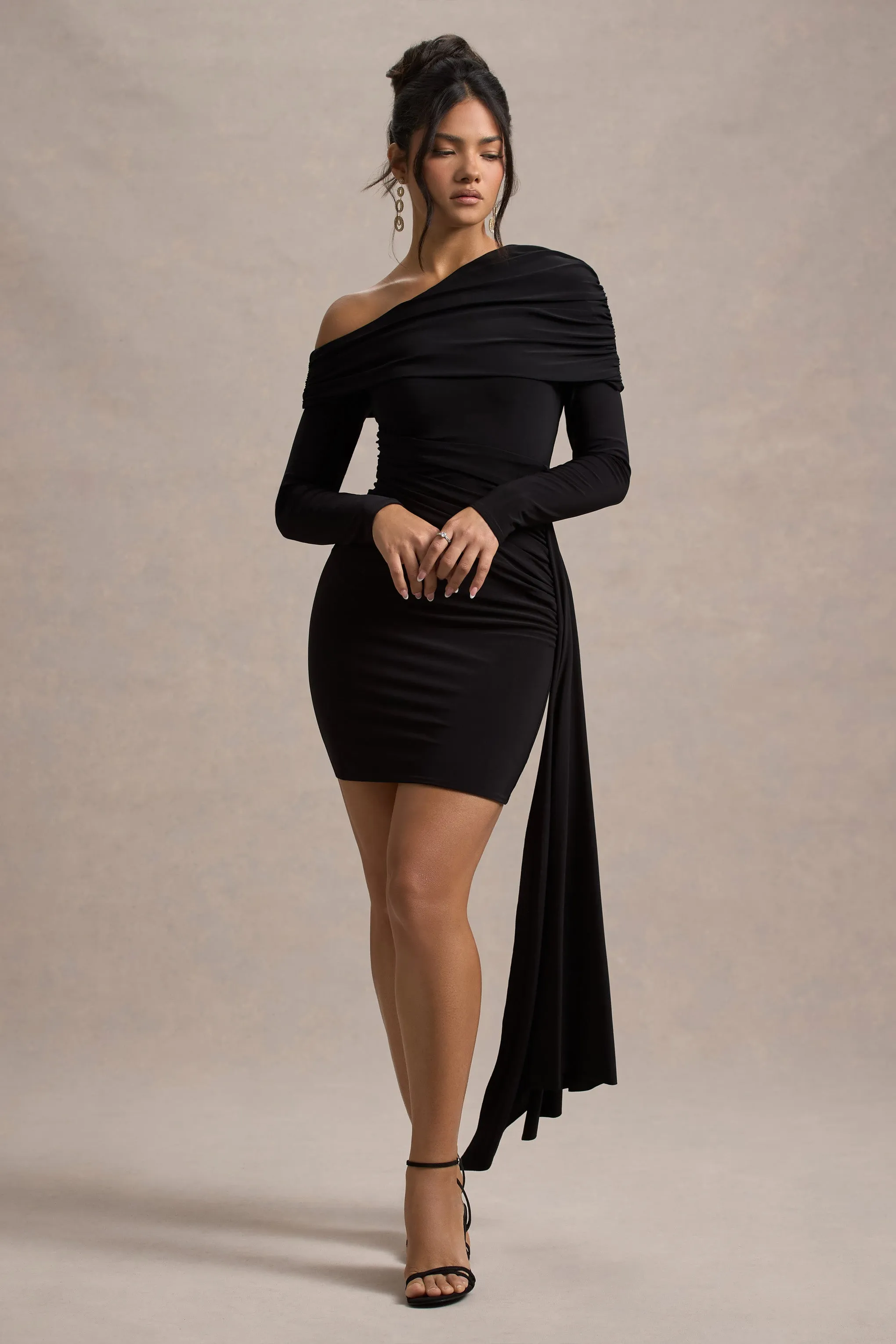 Savita | Black Ruched Asymmetric Mini Dress With Drape Club L London