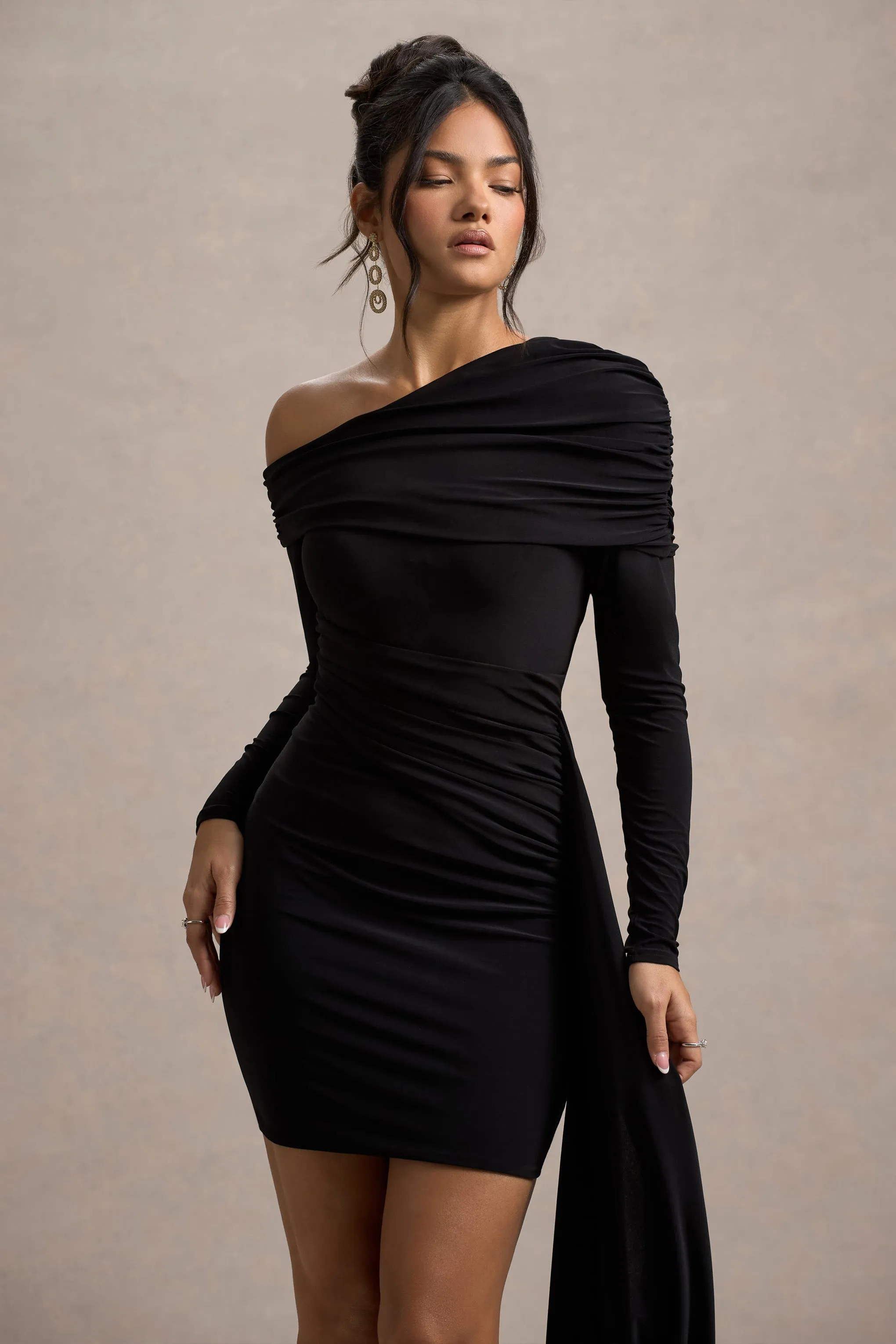 Savita | Black Ruched Asymmetric Mini Dress With Drape Club L London
