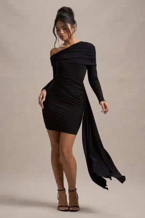 Savita | Black Ruched Asymmetric Mini Dress With Drape Club L London