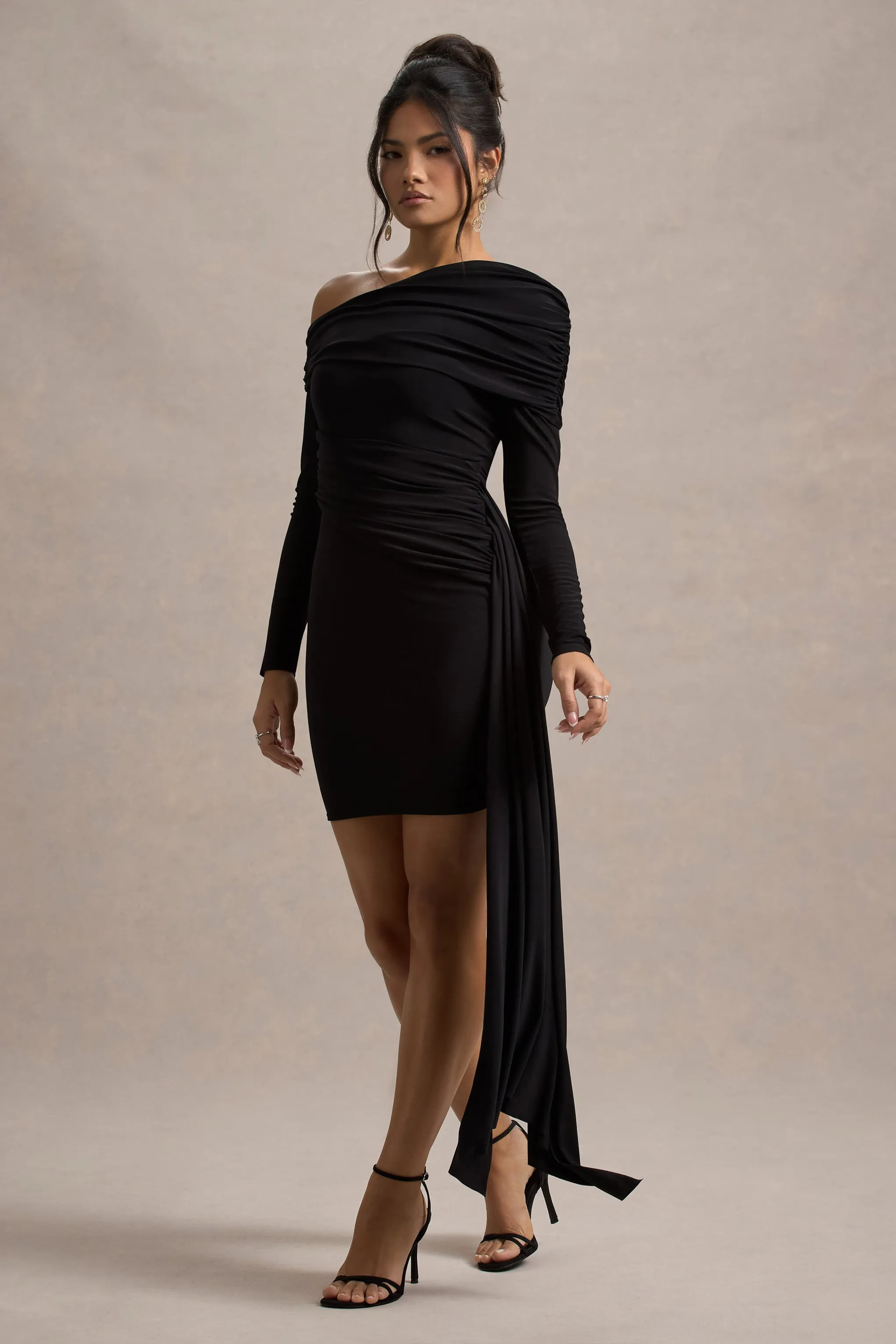 Savita | Black Ruched Asymmetric Mini Dress With Drape Club L London