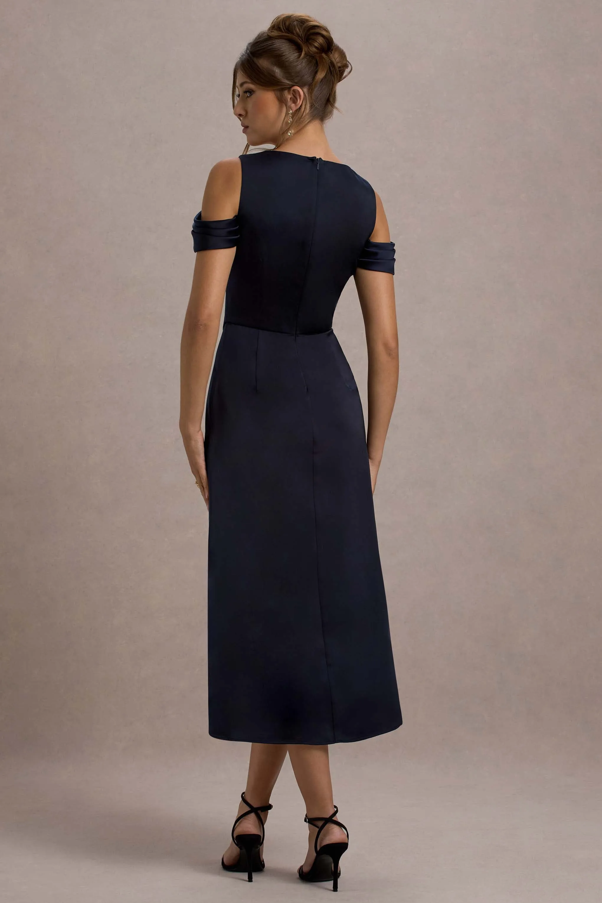 Sawyer | Navy Satin Draped Midi Dress Club L London