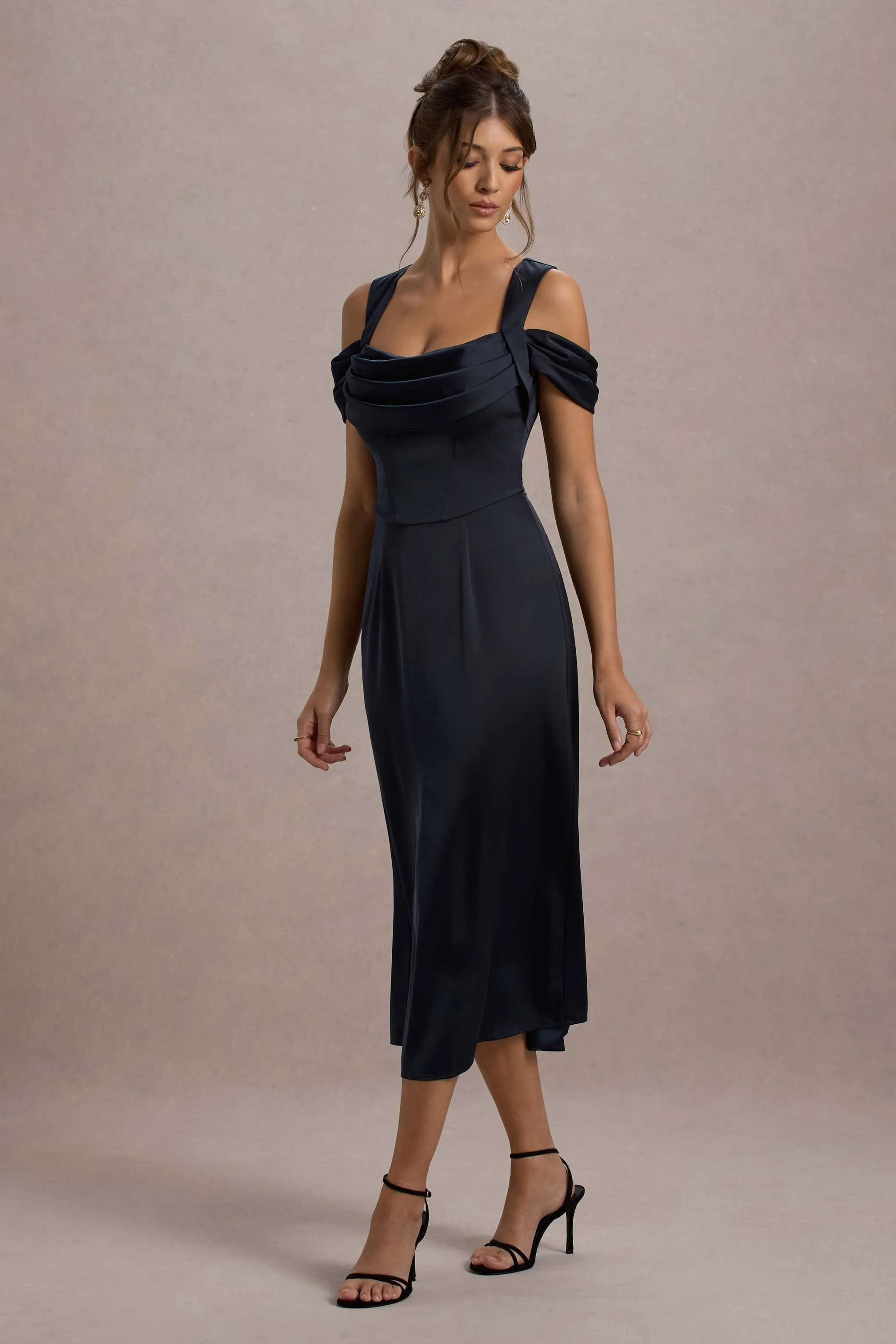 Sawyer | Navy Satin Draped Midi Dress Club L London