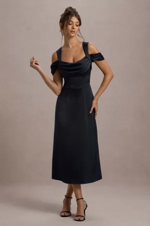 Sawyer | Navy Satin Draped Midi Dress Club L London