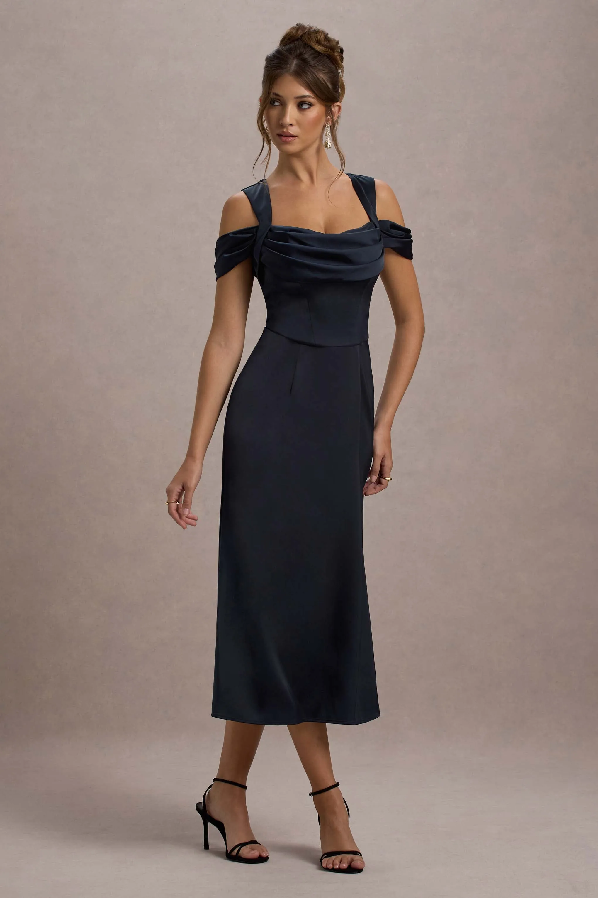 Sawyer | Navy Satin Draped Midi Dress Club L London