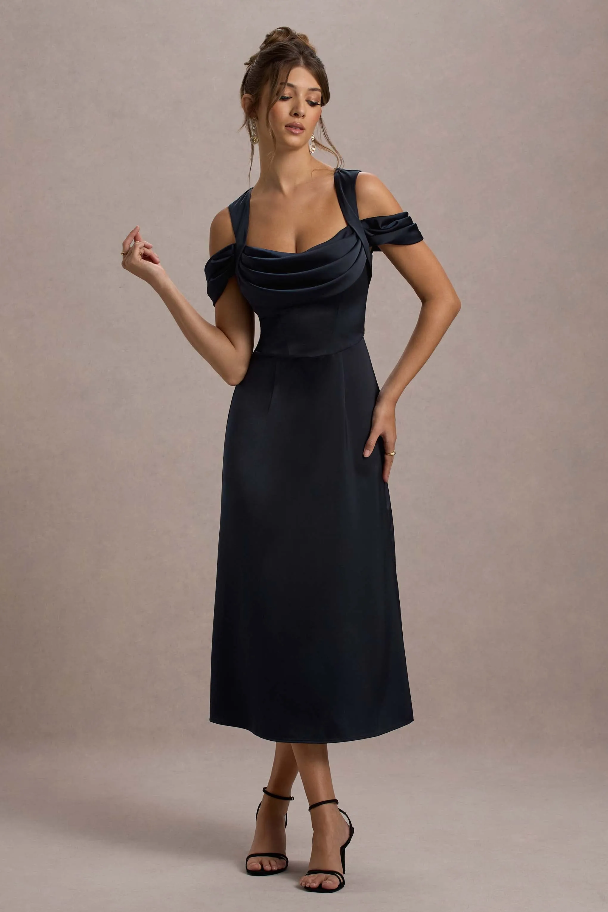 Sawyer | Navy Satin Draped Midi Dress Club L London