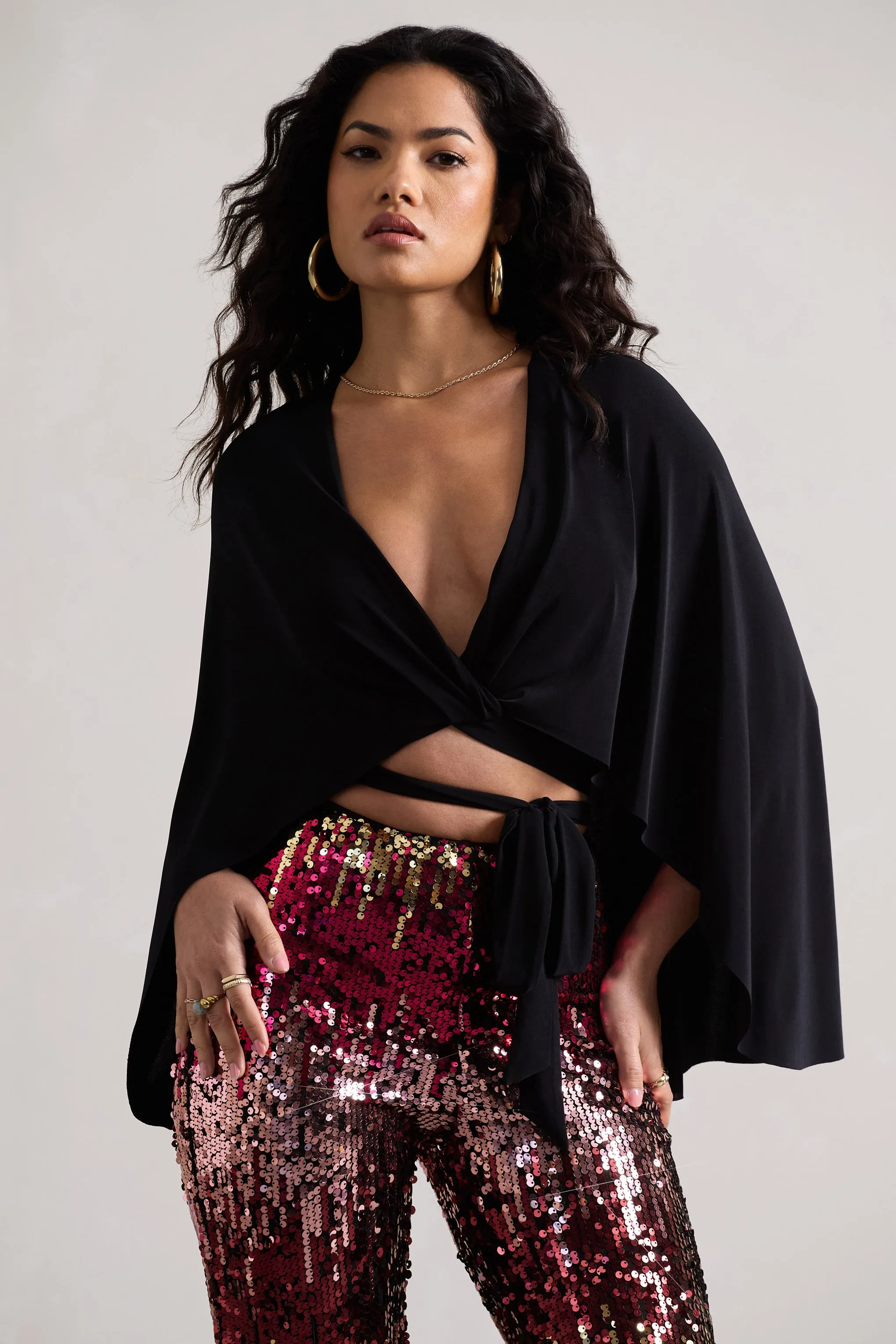 Scorpio | Black Wrap Crop Top With Cape Club L London