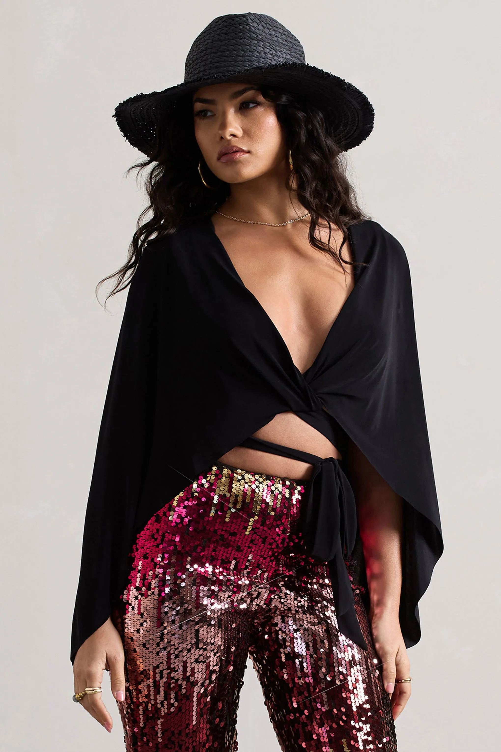 Scorpio | Black Wrap Crop Top With Cape Club L London
