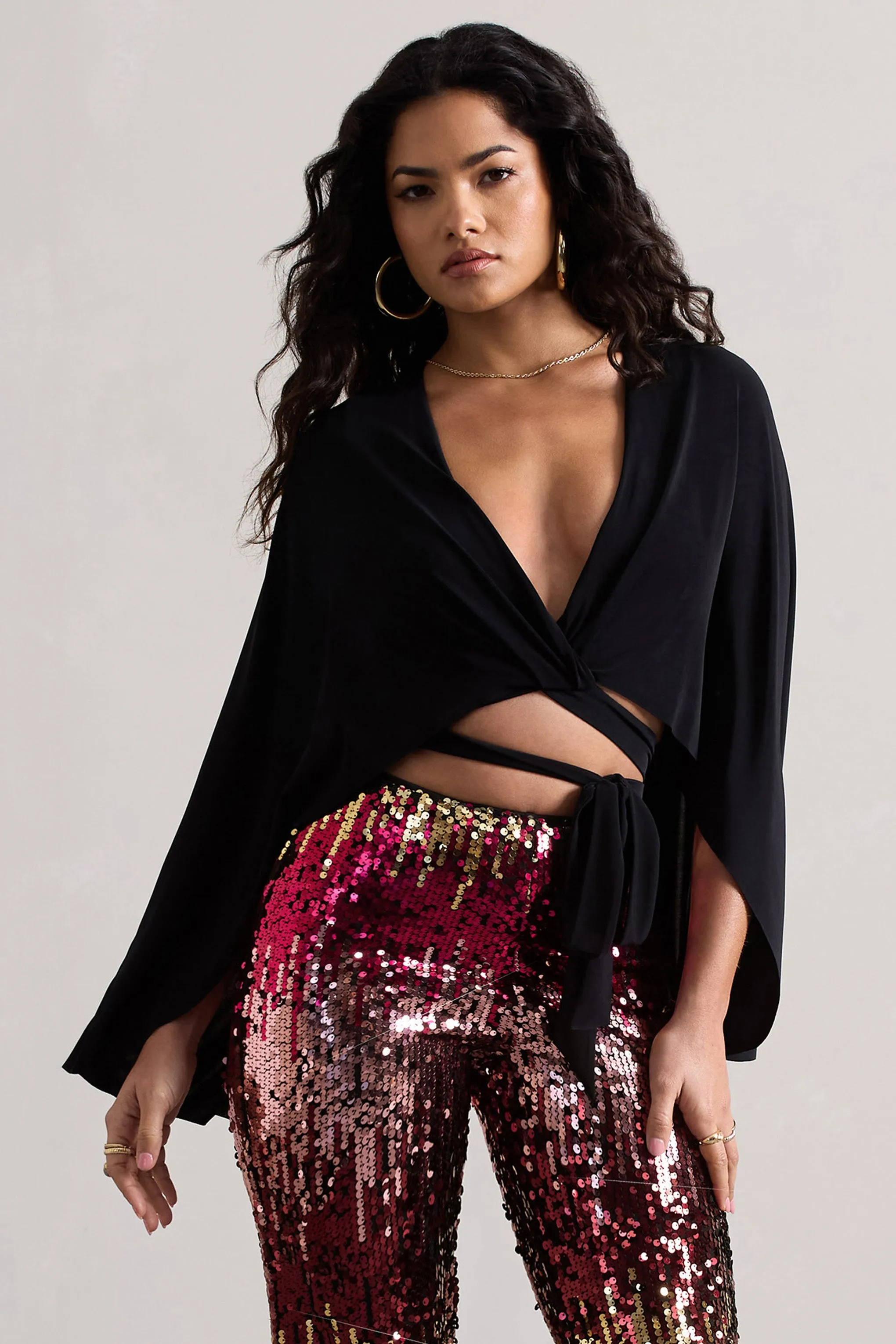 Scorpio | Black Wrap Crop Top With Cape Club L London