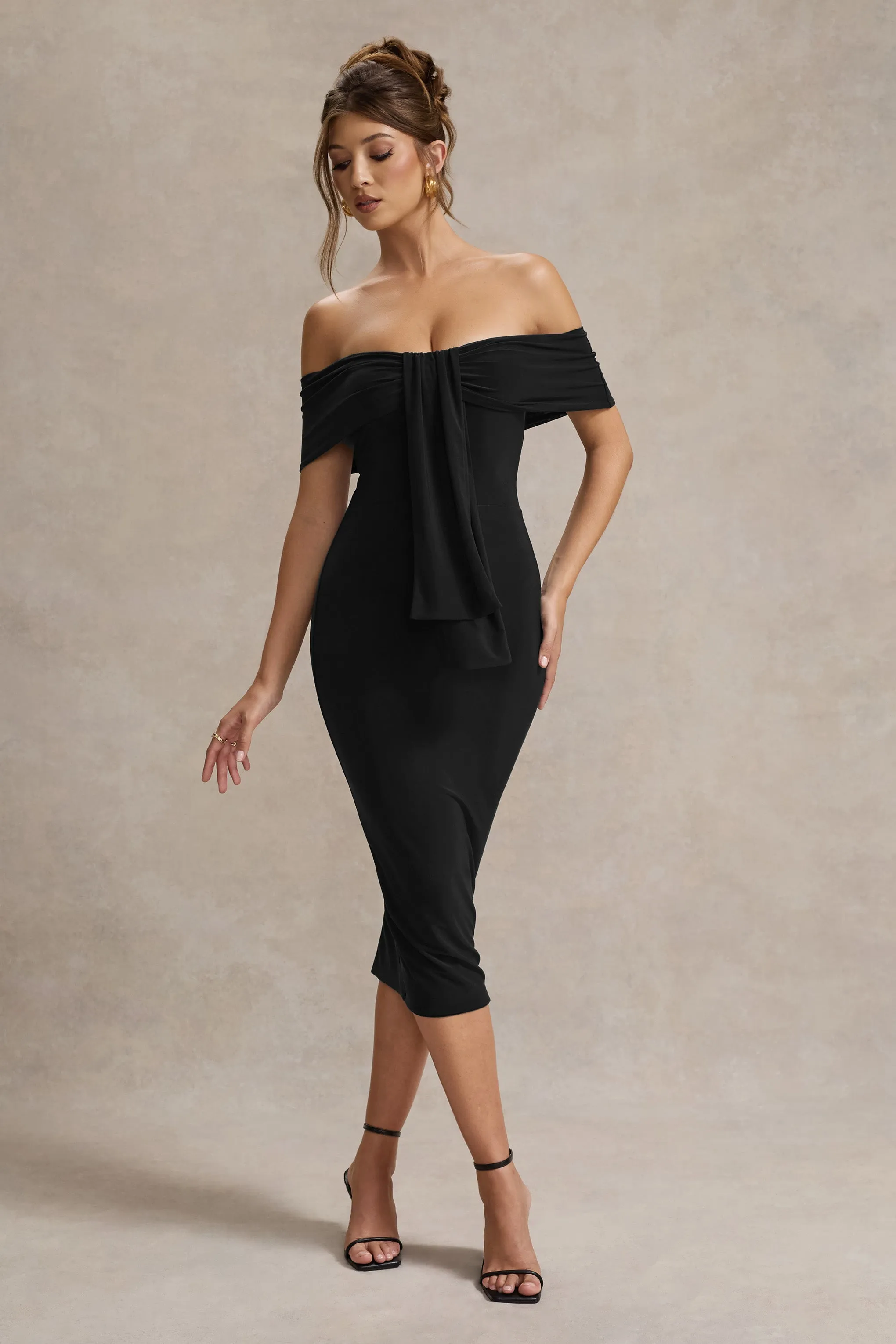 Selbie | Black Bardot Midi Dress With Drape Club L London