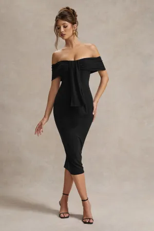 Selbie | Black Bardot Midi Dress With Drape Club L London