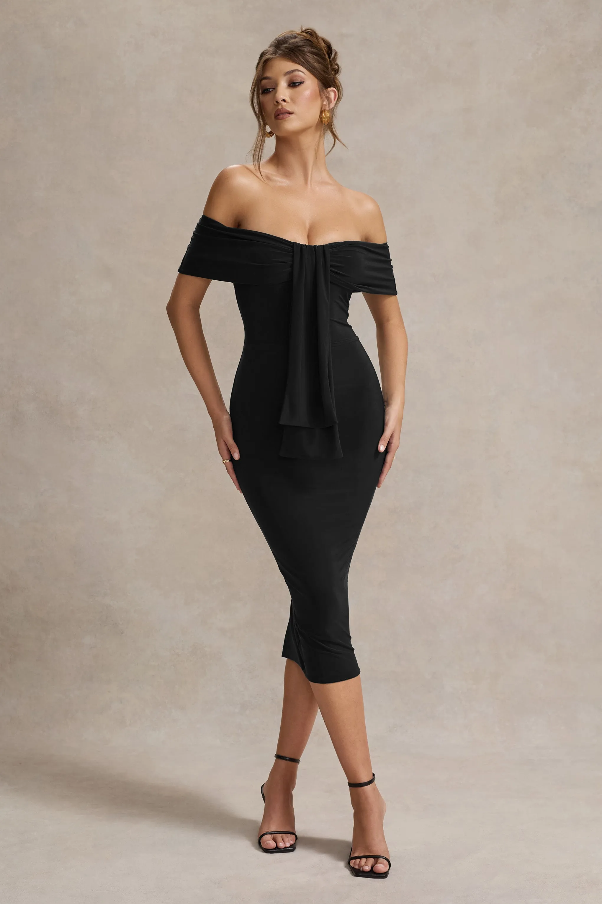 Selbie | Black Bardot Midi Dress With Drape Club L London
