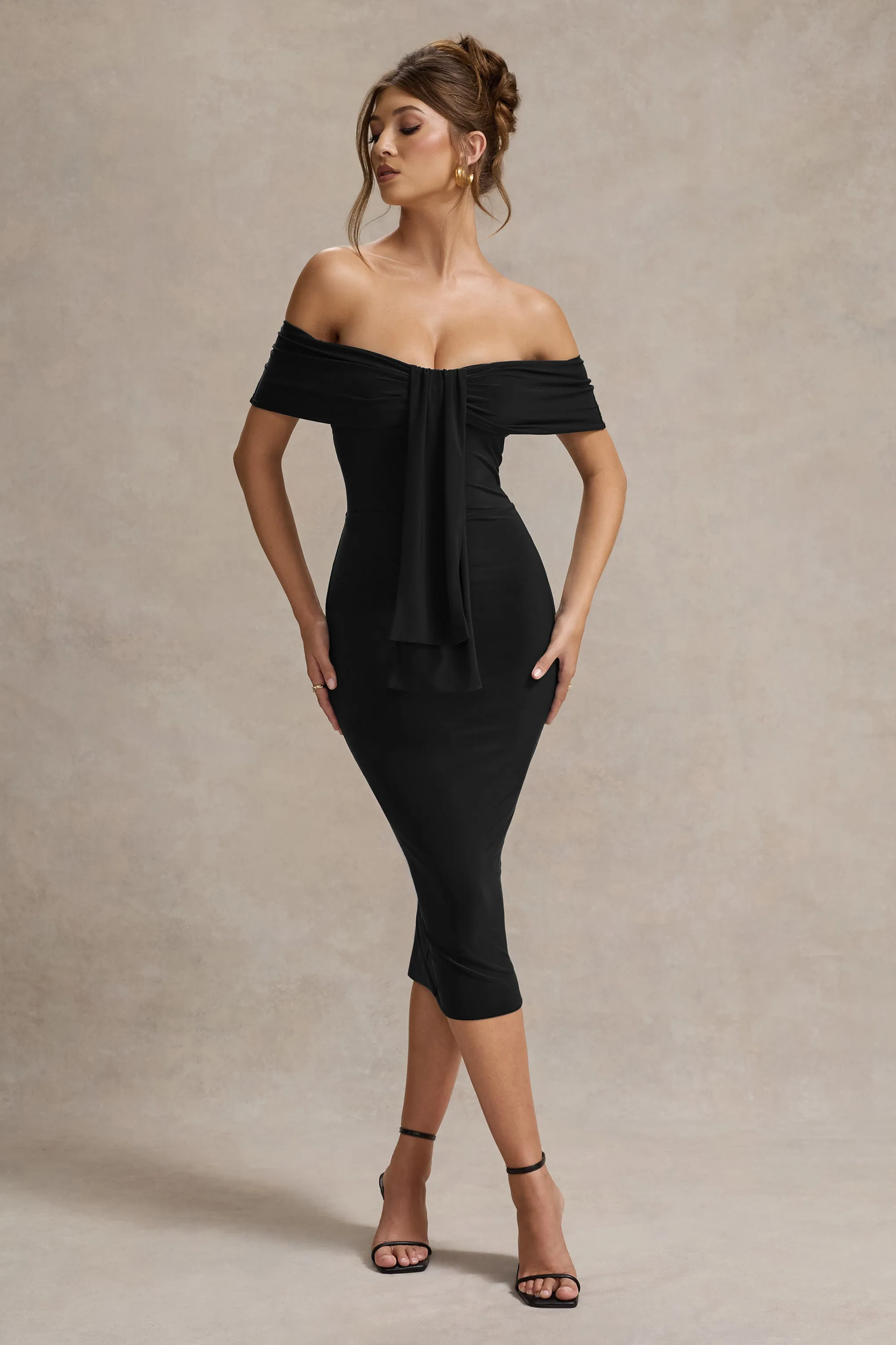 Selbie | Black Bardot Midi Dress With Drape Club L London
