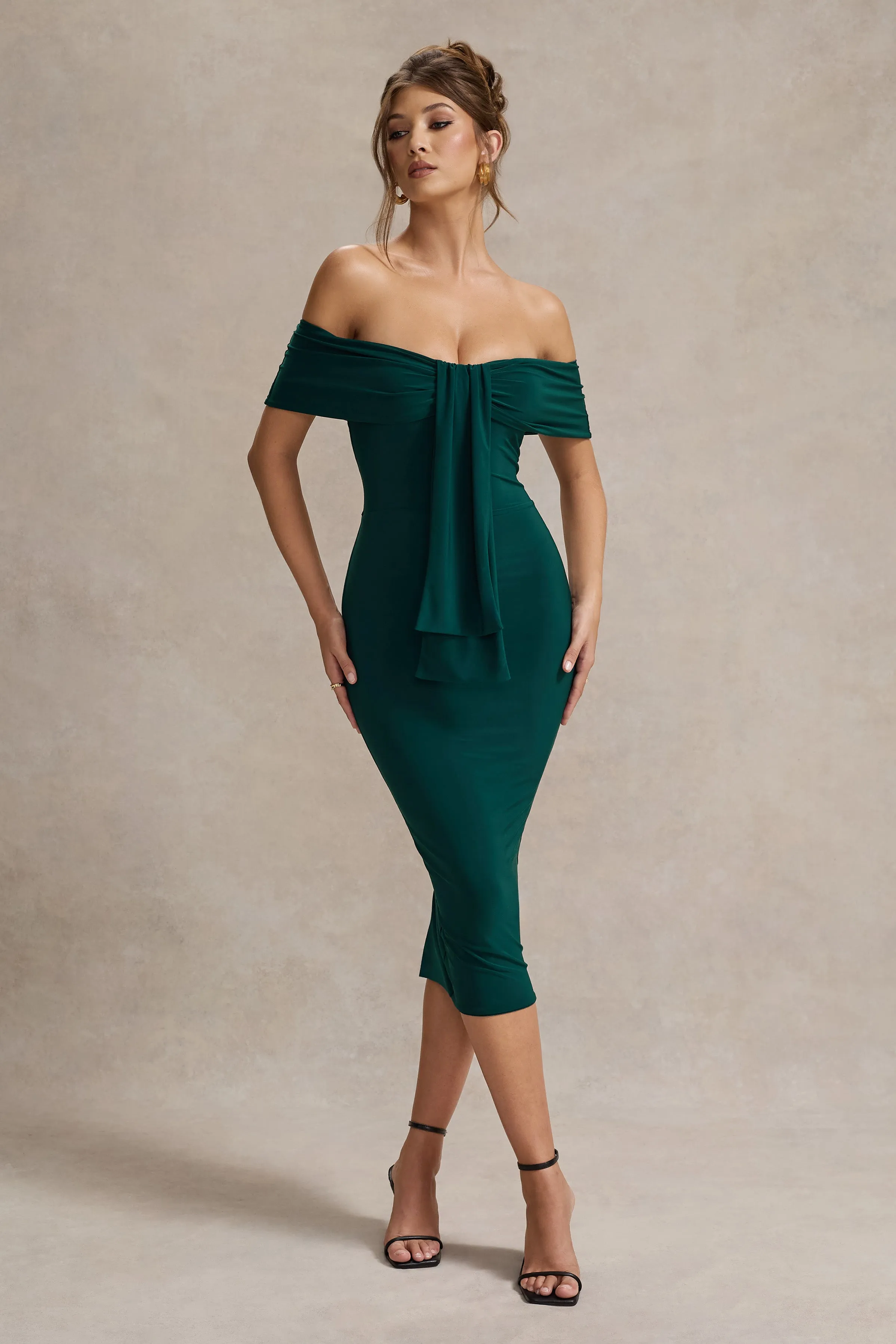 Selbie | Bottle Green Bardot Midi Dress With Drape Club L London