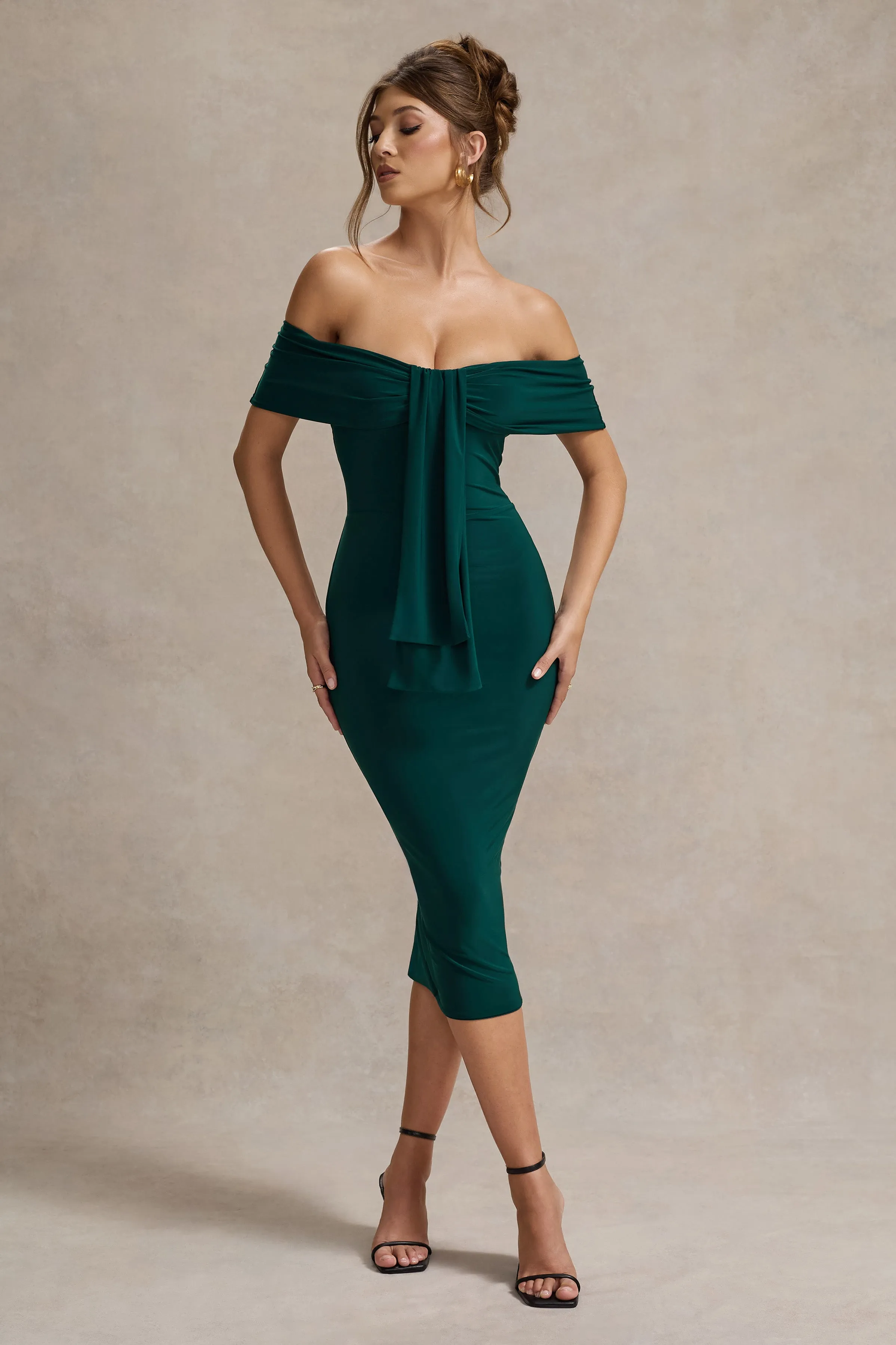 Selbie | Bottle Green Bardot Midi Dress With Drape Club L London