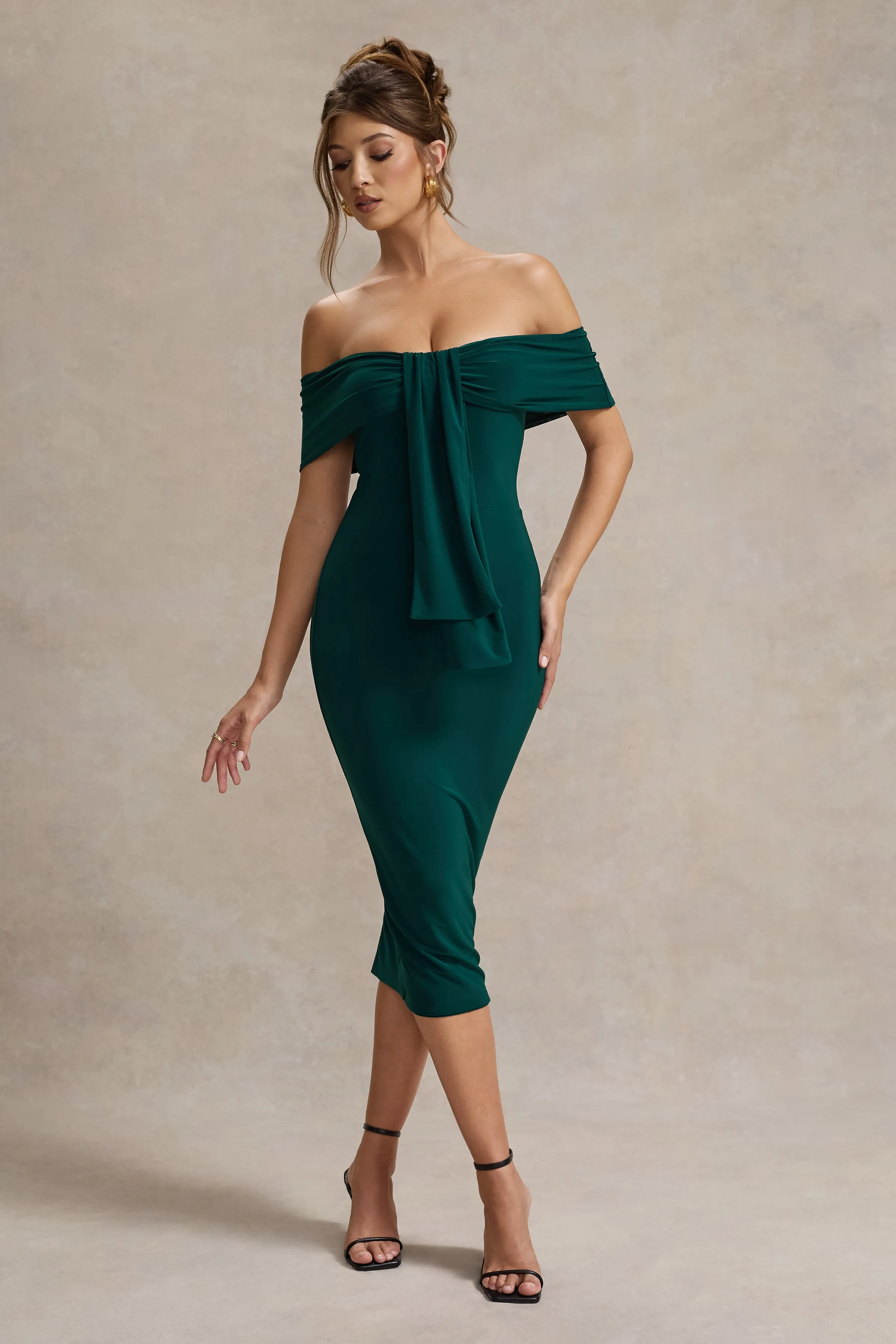 Selbie | Bottle Green Bardot Midi Dress With Drape Club L London