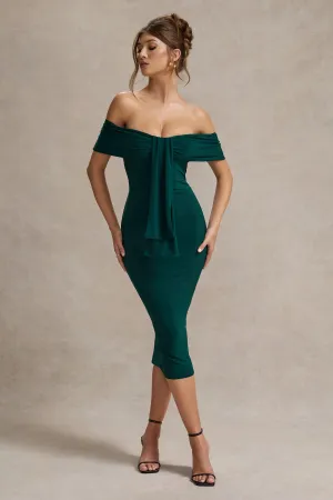 Selbie | Bottle Green Bardot Midi Dress With Drape Club L London