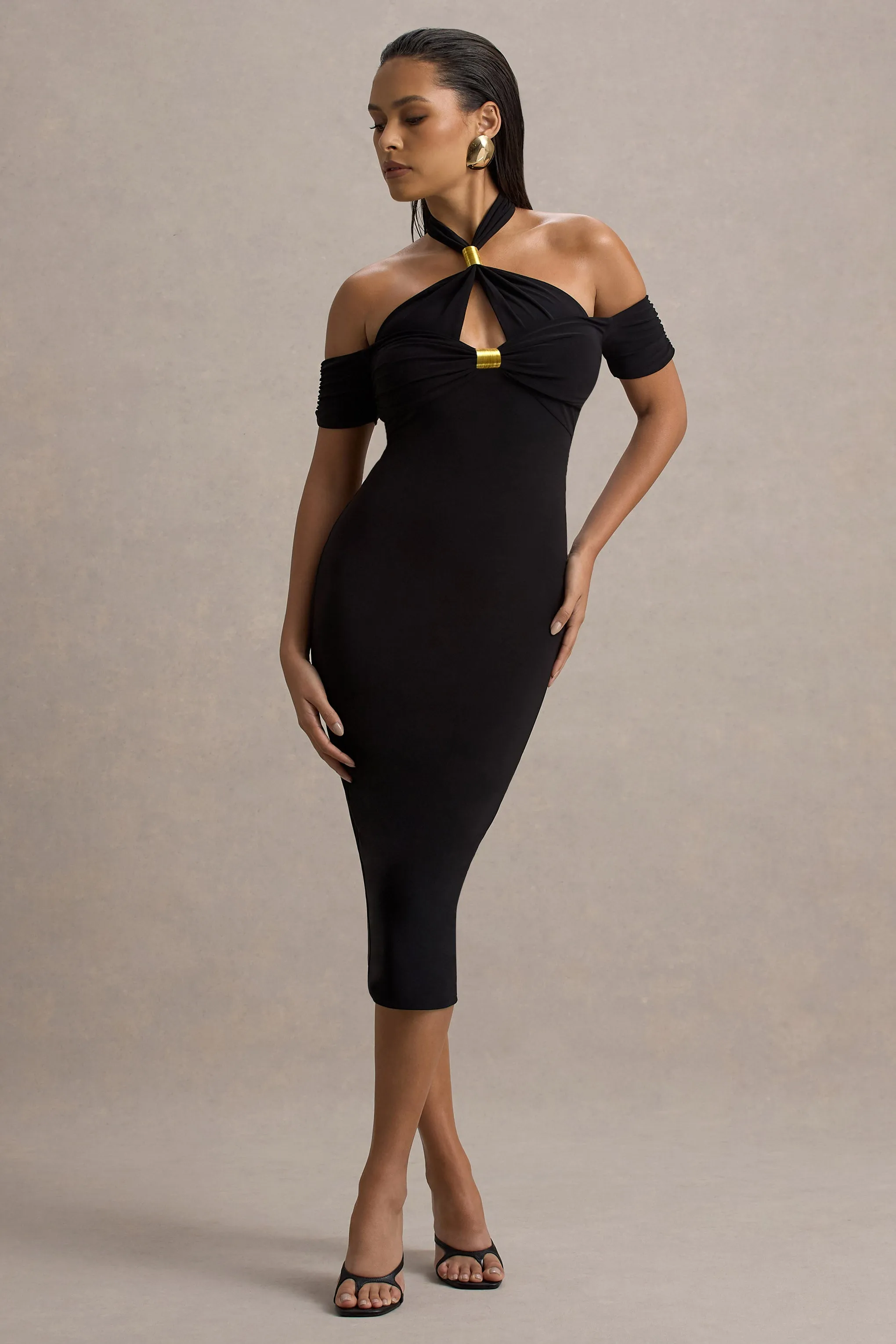 Selvina | Black Cut-Out Halter-Neck Midi Dress Club L London