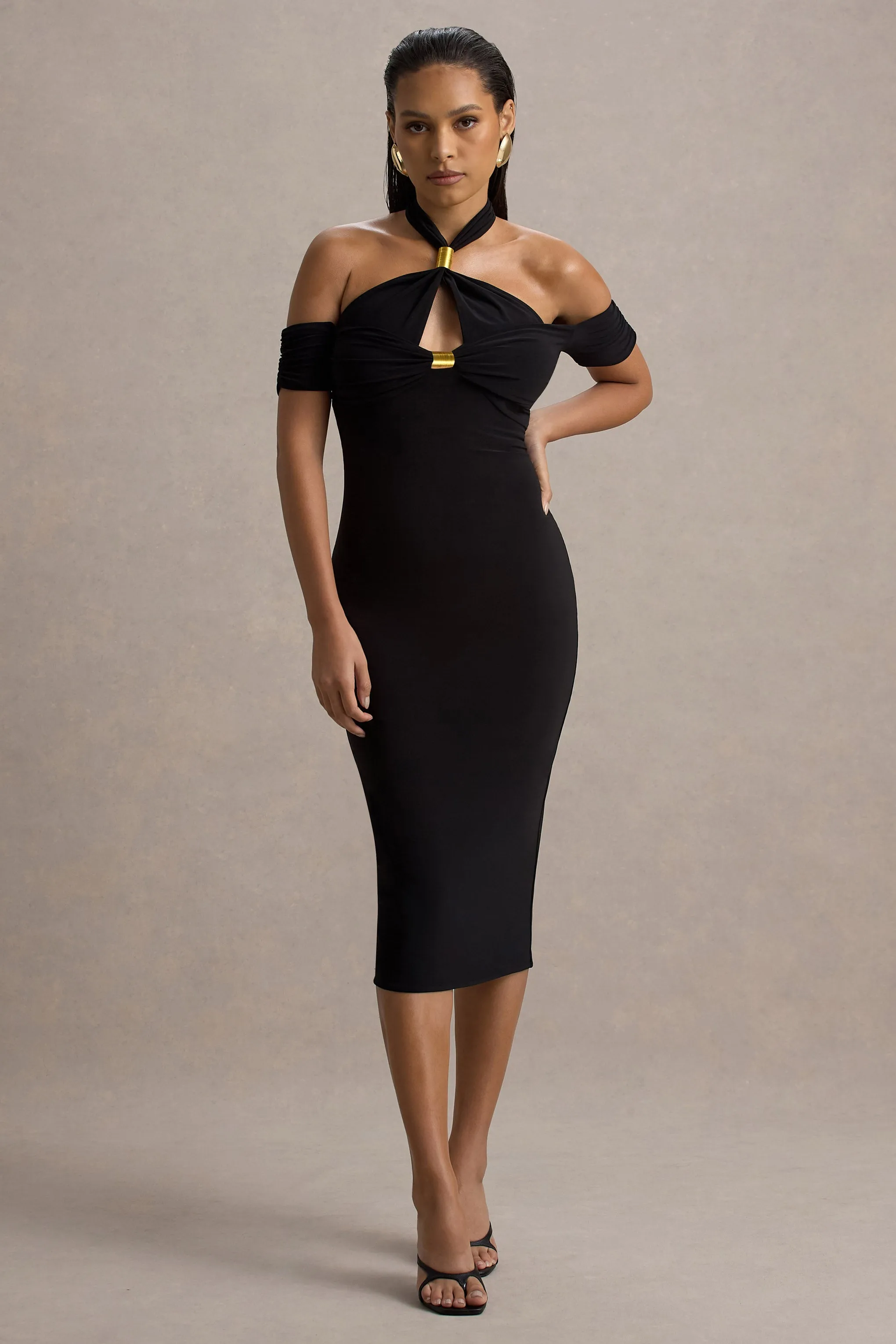 Selvina | Black Cut-Out Halter-Neck Midi Dress Club L London