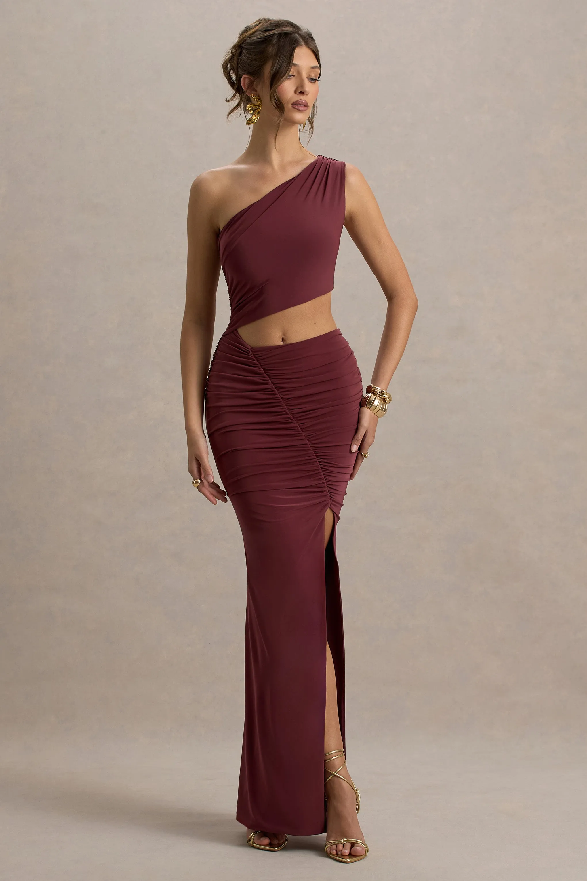 Sena | Burgundy Asymmetric Maxi Dress With Cut Out Details Club L London