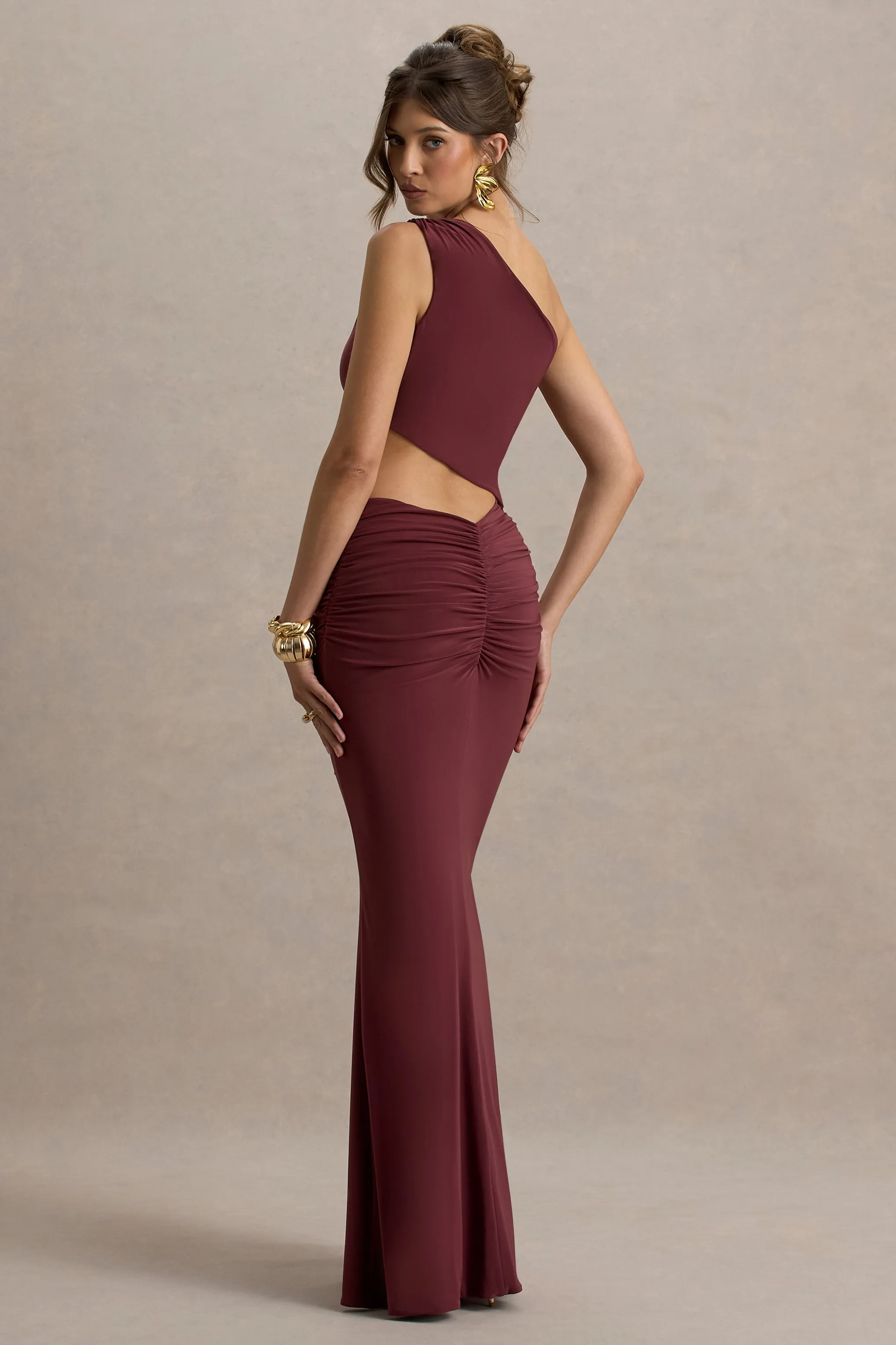 Sena | Burgundy Asymmetric Maxi Dress With Cut Out Details Club L London