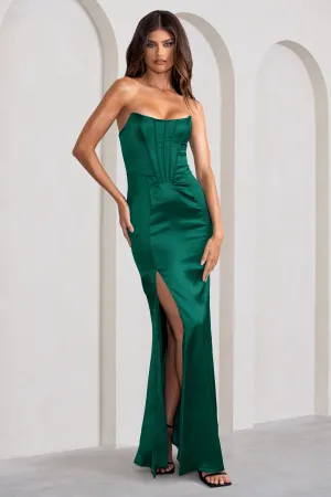 Sensual Notes | Bottle Green Satin Strapless Corset Thigh Split Fishtail Maxi Dress Club L London
