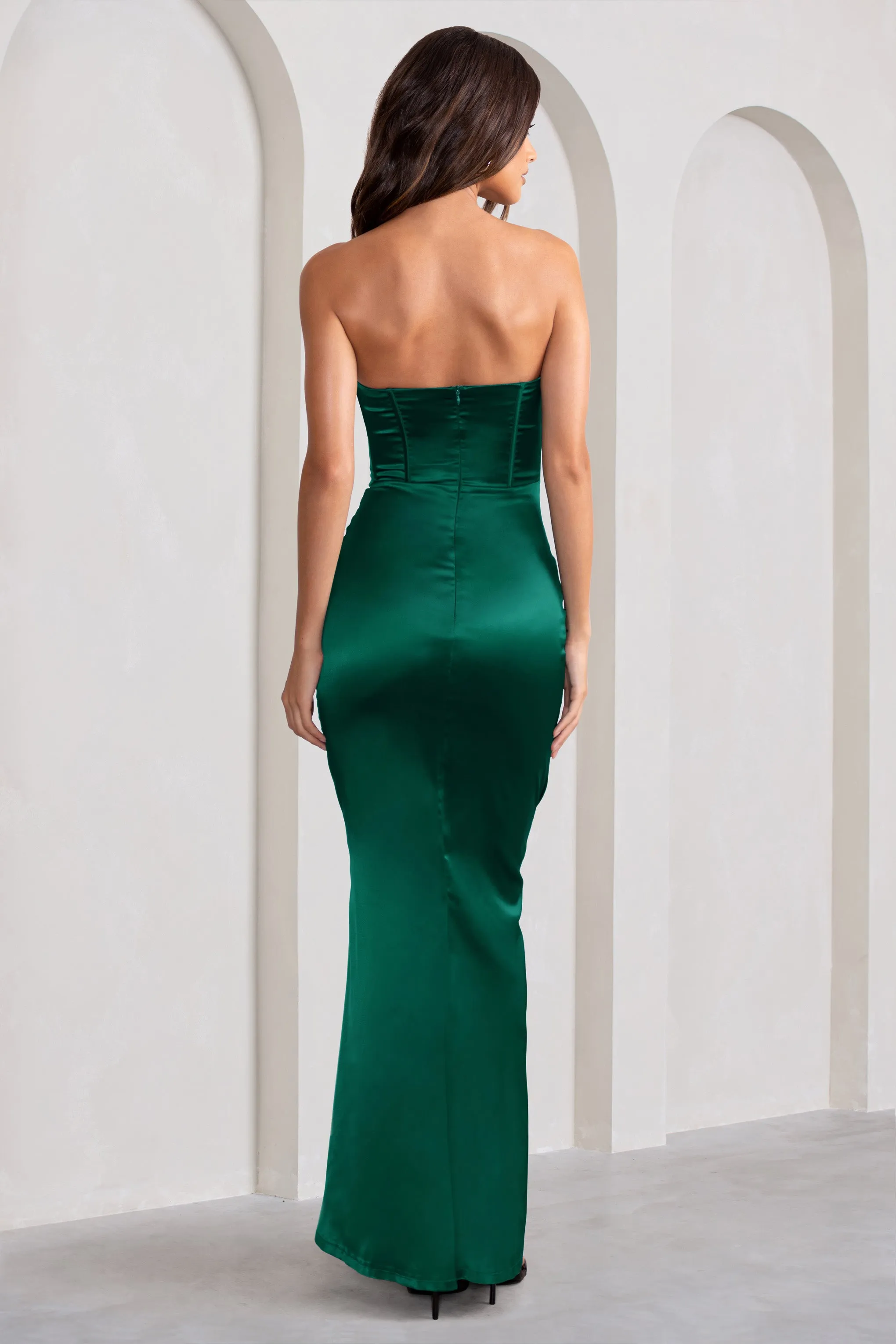 Sensual Notes | Bottle Green Satin Strapless Corset Thigh Split Fishtail Maxi Dress Club L London