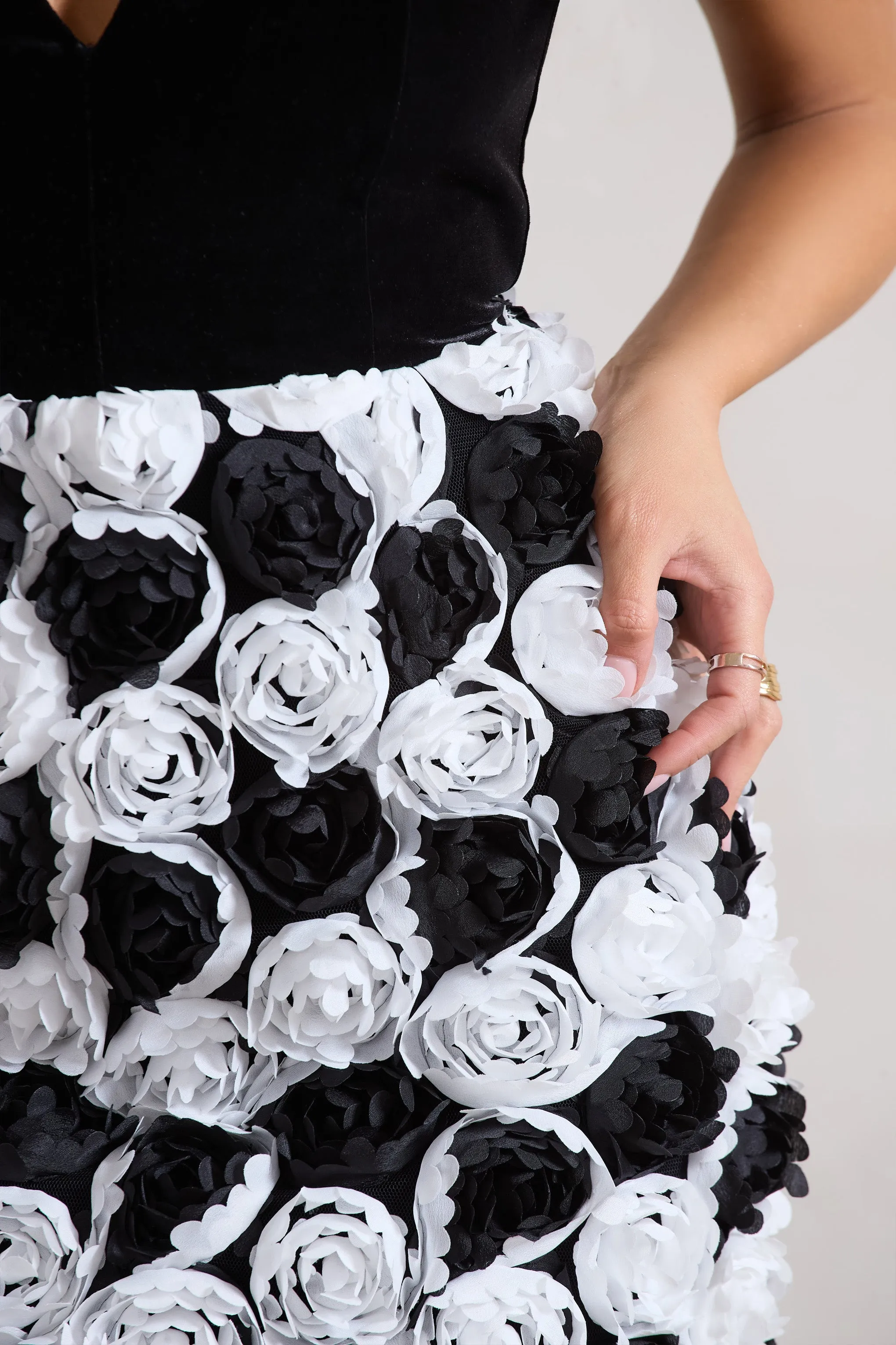 Serenade | Black & White Plunge Halter-Neck Mini Dress With Flowers Club L London