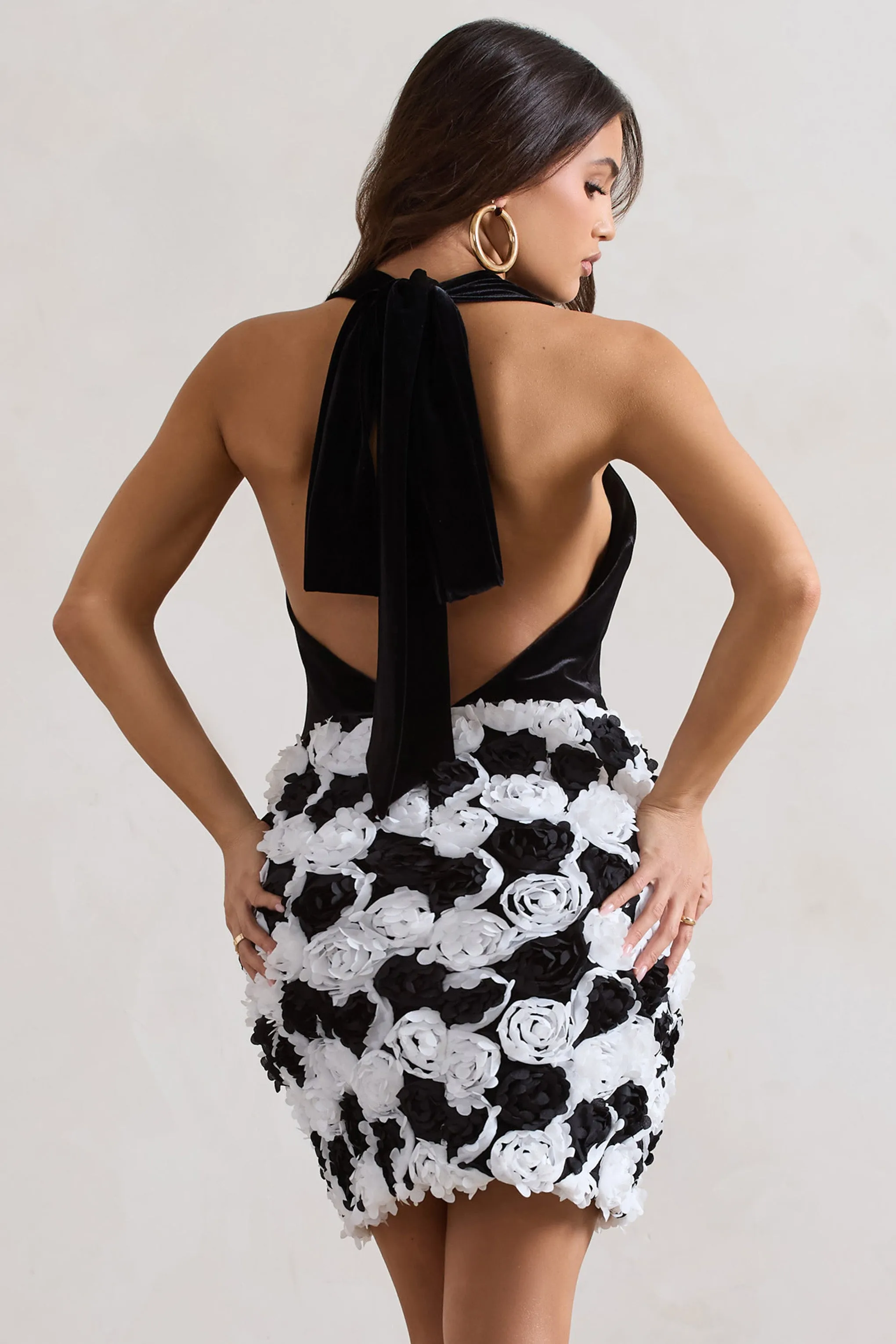 Serenade | Black & White Plunge Halter-Neck Mini Dress With Flowers Club L London