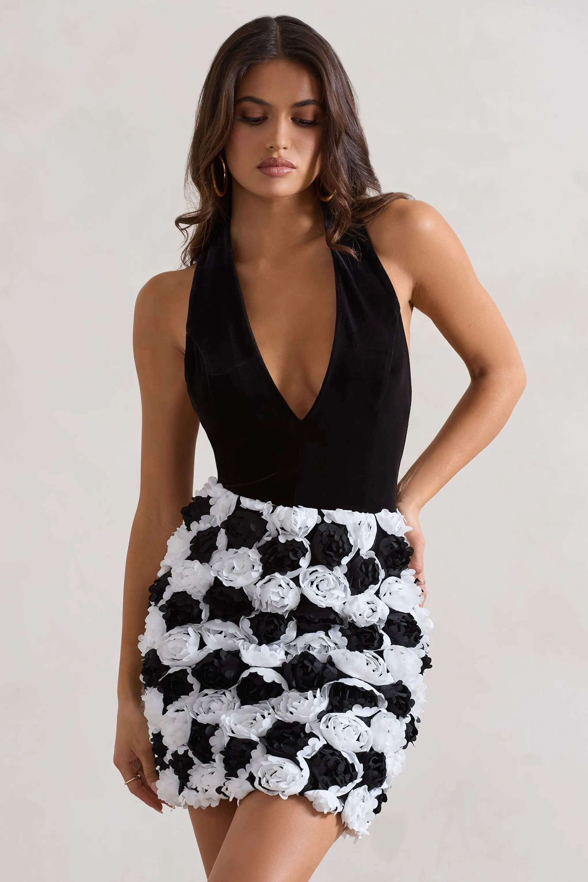 Serenade | Black & White Plunge Halter-Neck Mini Dress With Flowers Club L London
