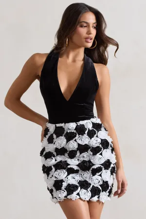 Serenade | Black & White Plunge Halter-Neck Mini Dress With Flowers Club L London