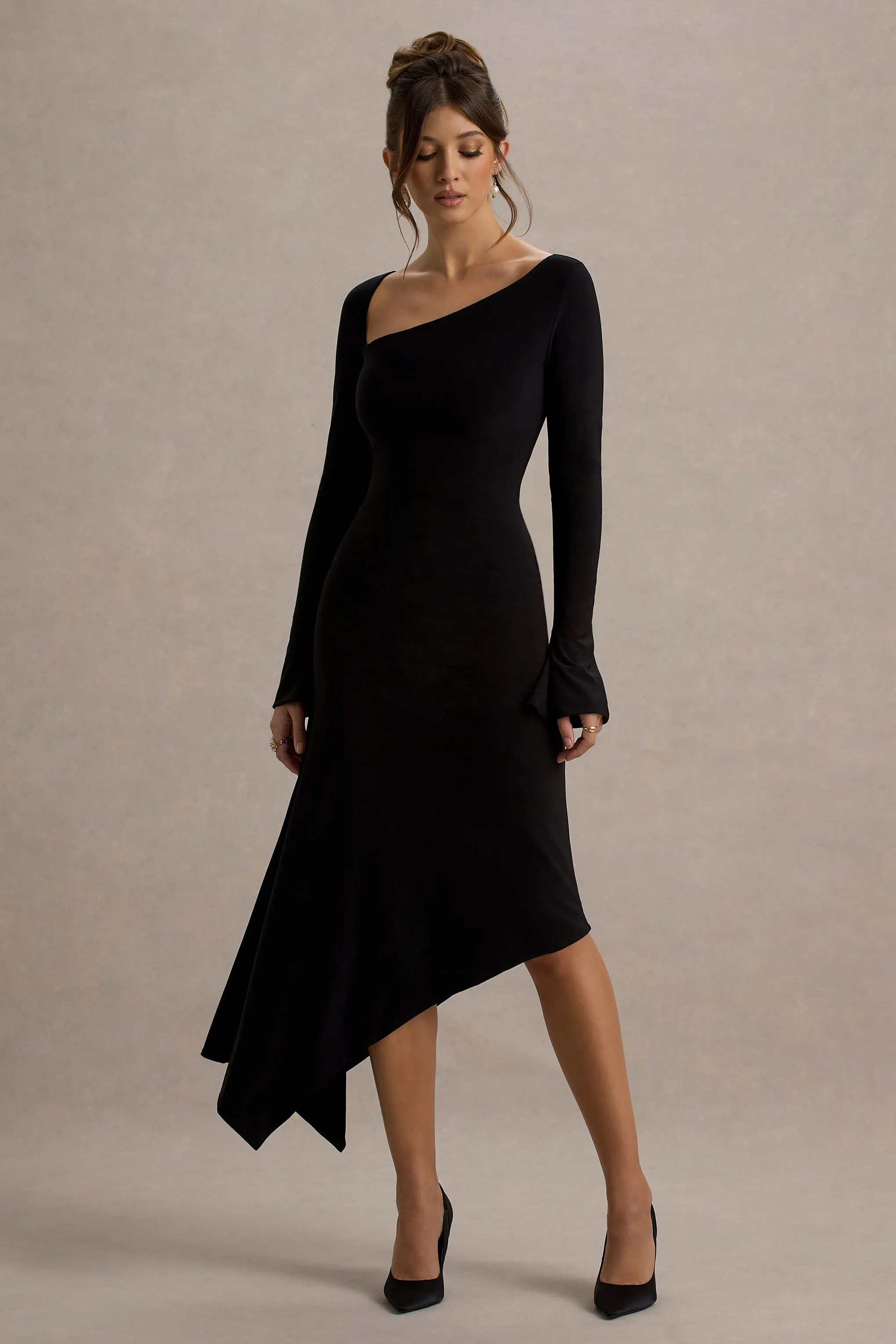 Serenita | Black Asymmetric Long-Sleeve Midi Dress Club L London