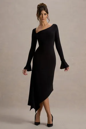 Serenita | Black Asymmetric Long-Sleeve Midi Dress Club L London